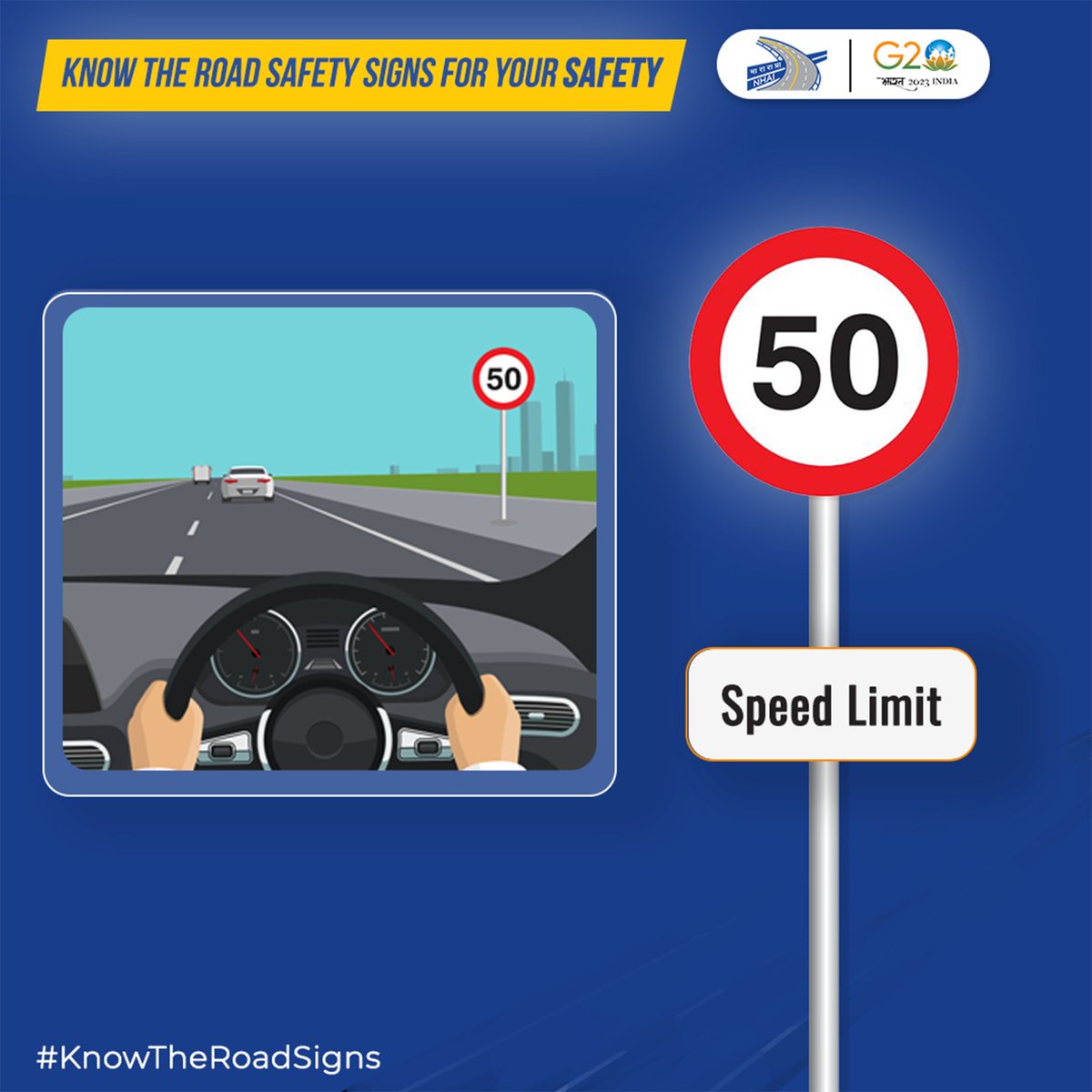 trafficchd's tweet photo. The 'Speed Limit' sign reminds drivers to adhere to designated speed limits, ensuring #roadsafety for all. Always drive within the speed limit. #NHAI #KnowTheRoadSigns #SadakSurakshaJeevanRaksha #DriveSafeBeSafe
#SpeedLimits
#WeCareForYou https://t.co/mzCbXv4lFf