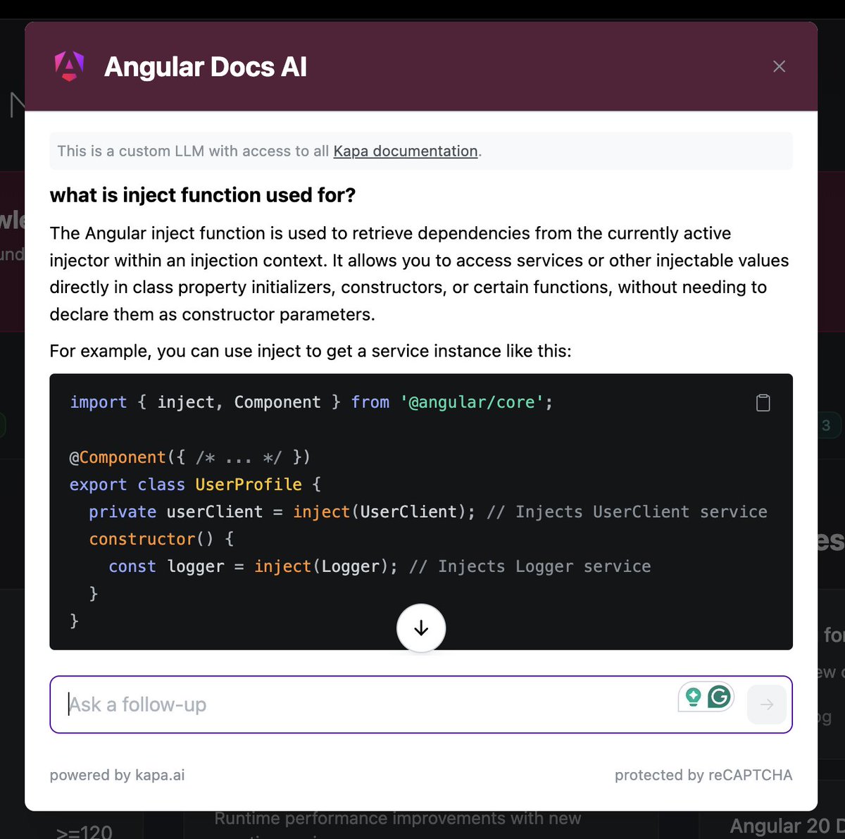 Angular Docs AI is live!
You can now query the Angular Documentation, updated weekly thanks to kapa.ai

Feedbacks are very welcome 😃 

Find the link in cthe omments!

#angular #documentation #ai