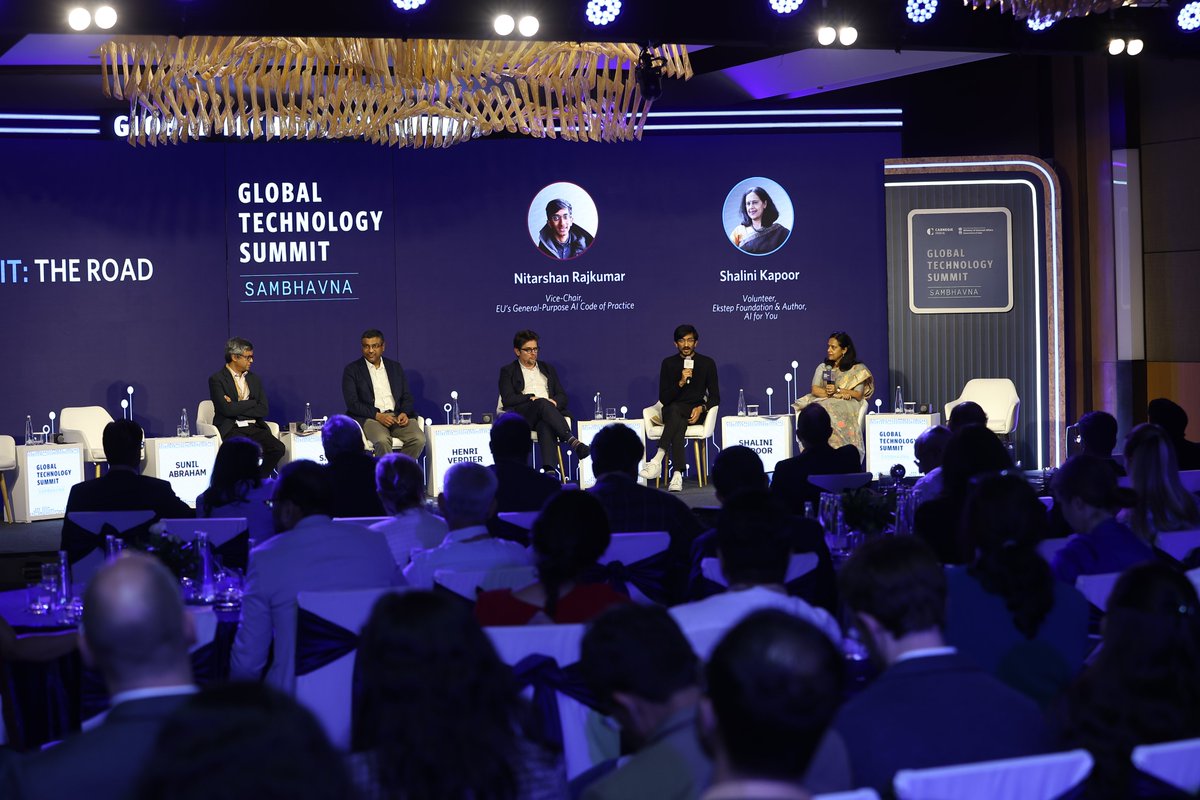 CarnegieIndia's tweet image. As India prepares to host the next #AISummit, this panel at the 9th #GlobalTechSummit, featuring @SecretaryMEITY, @sunil_abraham, @HenriVerdier, @nitarshan &amp;amp; @shalinikap discussed how the summit can shape #AI that is responsible, inclusive, and impact-focused.

Watch here:…
