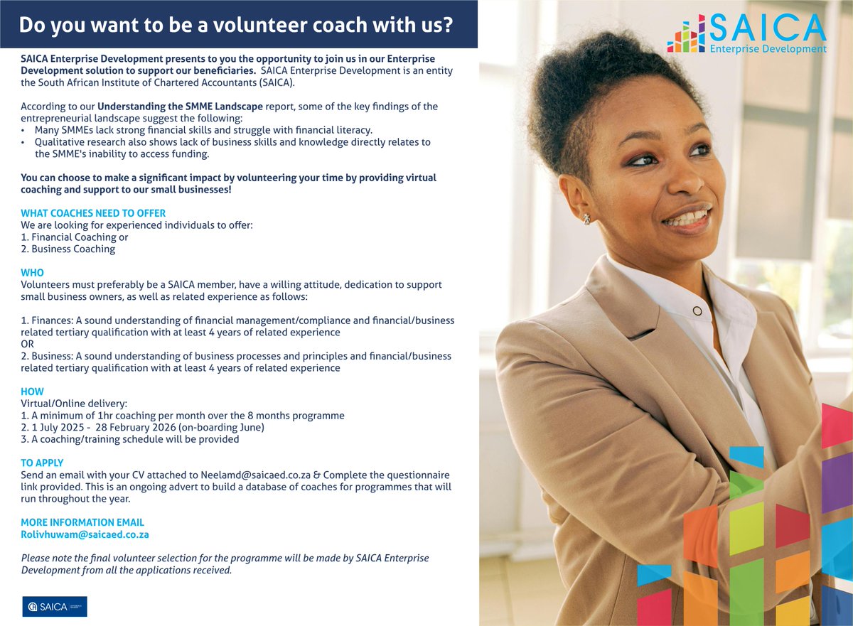 We are seeking volunteers to support Small Businesses through a virtual coaching programme Unpaid Volunteers are encouraged to contribute 1.5 to 2 hours monthly over an 8-month period forms.office.com/Pages/Response…