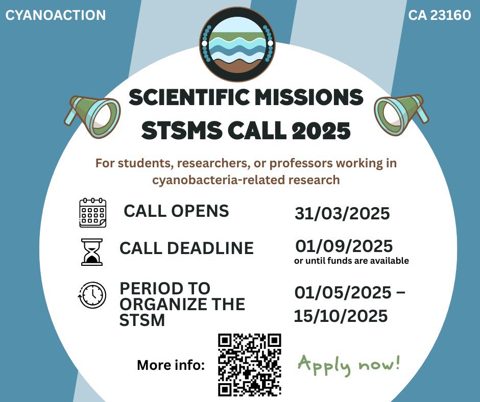 CyanoAction's tweet photo. 📣 STSM Call 2025 now open!

Researchers in cyanobacteria field – get funded to work abroad! 🌍

🗓️ Travel: 1 May – 15 Oct 2025
🕔 Deadline: 1 Sept 2025 (or until funds run out!)

🔗 Apply now: https://t.co/qIcyOrgsKi

#STSM #CYANOACTION #sciencegrant #academicmobility https://t.co/ZBDMPTeyyy