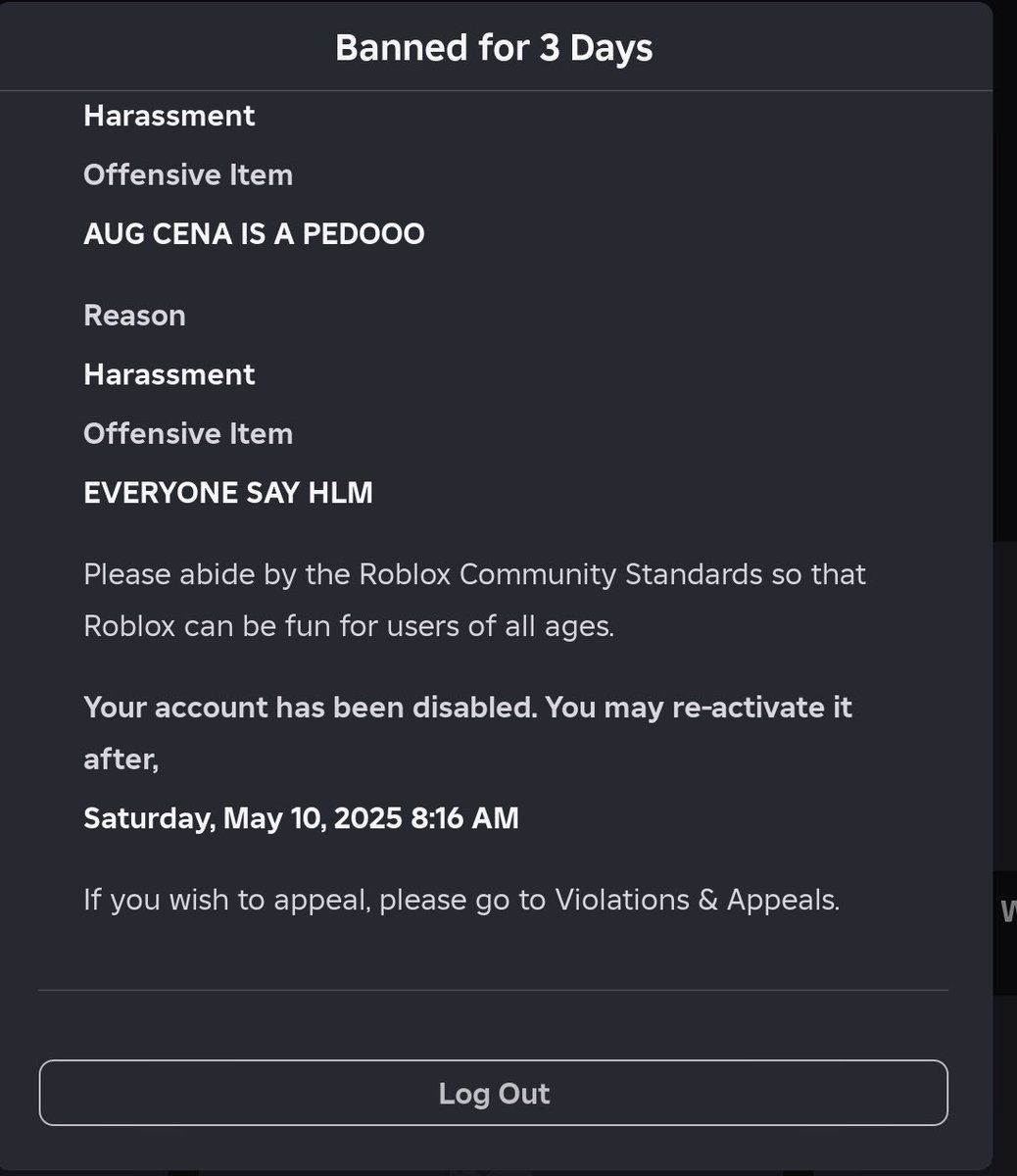 Roblox doesn’t approve of #AugCena protests :(