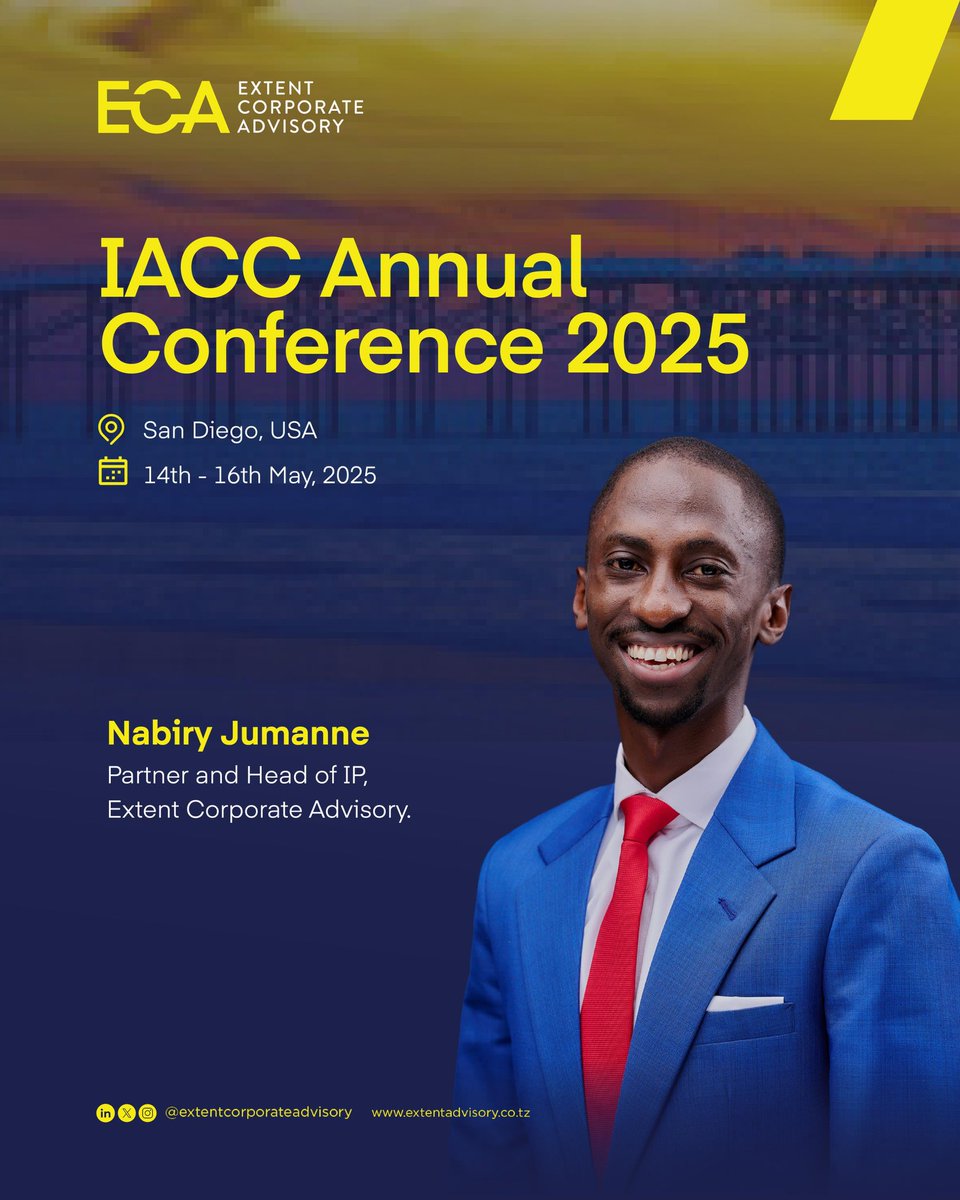 Nabiry Juma Jumanne (@jjnabiry) on Twitter photo Excited to announce that I will be attending the IACC Conference 2025 in San Diego from May 14-16!
At <a href="/AdvisoryExtent/">Extent Corporate Advisory</a> we are committed to protecting brands and fostering innovation through strong intellectual property frameworks in East Africa. Excited to announce that I will be attending the IACC Conference 2025 in San Diego from May 14-16!
At <a href="/AdvisoryExtent/">Extent Corporate Advisory</a> we are committed to protecting brands and fostering innovation through strong intellectual property frameworks in East Africa.