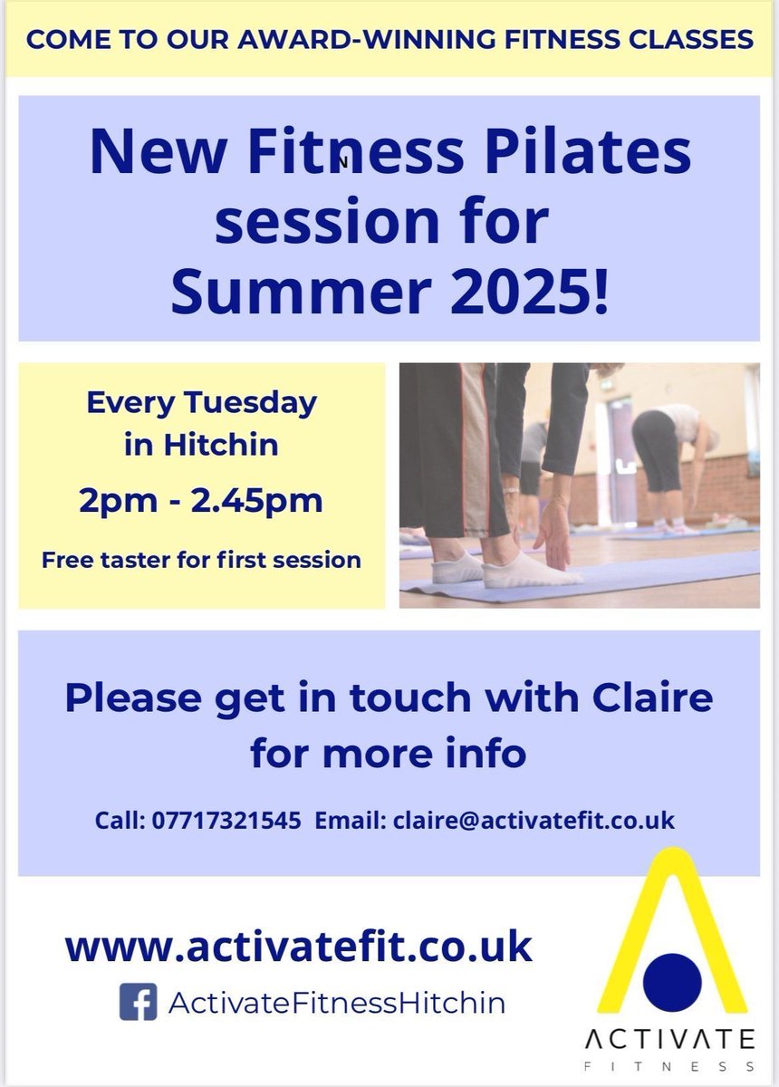 Activate Fitness, sponsors of U7 Ospreys, U11 Raptors and U13 Warriors are adding another Pilates 🧘‍♀️ session to their timetable. 

Activate Fitness have been delivering award winning fitness to the Hitchin community for over 40 years!  

Please contact for more info.