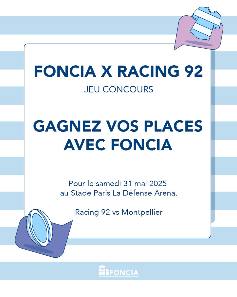 JEU CONCOURS 🏉

Gagnez 2 places pour le match <a href="/racing92/">Racing 92</a> vs <a href="/MHR_officiel/">Montpellier Rugby</a> le 31/05/25 à <a href="/ParisLaDefArena/">Paris La Défense Arena</a> !

1️⃣ Suivez <a href="/racing92/">Racing 92</a> et <a href="/foncia/">FONCIA</a> 
2️⃣ Mentionnez 2 fans de rugby en commentaire
3️⃣ Inscrivez-vous : bit.ly/44fxcvg

📅 Tirage le 18/05 – Bonne chance à tous ! 🍀