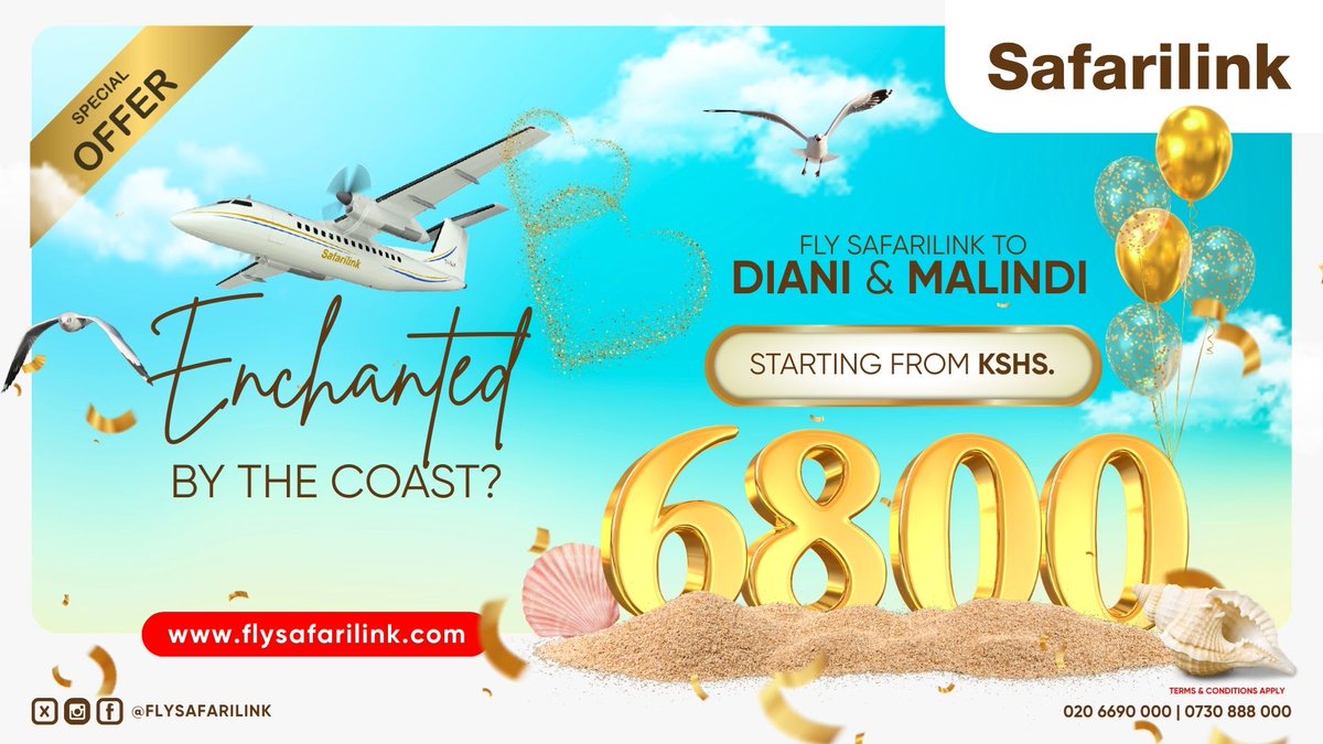 Promo fares are here! ✈️
 Whether  Diani or Malindi. Limited promo seats available from Kes. 6800 ONE Way. Book today!
 #Safarilink #Diani #Malindi #TravelKenya