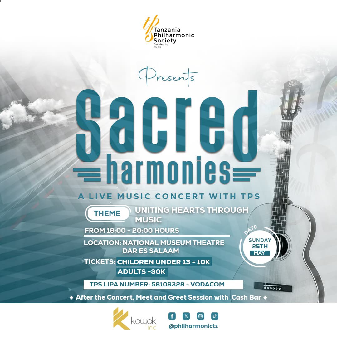 PhilharmonicTz's tweet photo. Days are numbered…
Grab your ticket now before it’s too late!!

For more information:
📞 +255 768 789 188
✉️ philharmonictz@gmail.com

#sacredharmony #music #violin #cello #piano #choir #soprano #alto #tenor #bass https://t.co/9ljrTUslk4