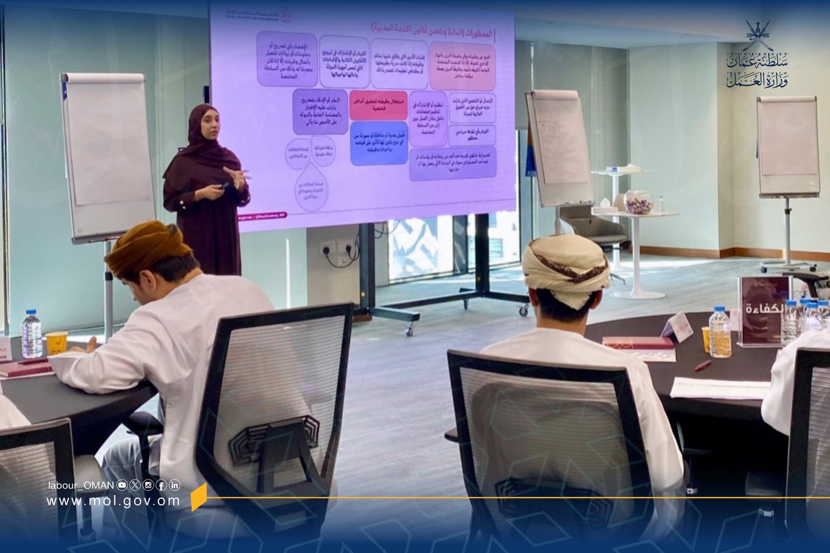 Labour_OMAN's tweet photo. شاركت #وزارة_العمل ممثلة بالمديرية العامة للمراجعة والمتابعة الإدارية  في برنامج ( إلمام) لتأهيل الموظفين الجدد الذي تنفذه الأكاديمية السلطانية للإدارة، وتتمثل مشاركة الوزارة  في هذا البرنامج للحديث عن " مدونة قواعد السلوك الوظيفي للموظفين المدنيين في وحدات الجهاز الإداري للدولة https://t.co/EMowjFOkpX
