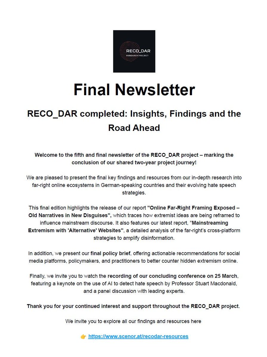 📢 RECO_DAR NEWSLETTER - FINAL EDITION: read our latest report with a detailed analysis of the far-right’s cross-platform strategies to amplify disinformation and our Policy Brief 👉 buff.ly/5A23z1o 

#reco_dar #extremism <a href="/TwitchDE/">Twitch DE</a> <a href="/discord/">Discord</a> <a href="/tiktok_de/">TikTok DE</a> <a href="/_erikhacker/">Erik Hacker</a>