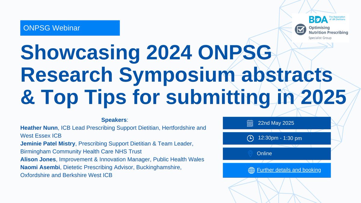 Webinar alert: 22nd May 2025 <a href="/12/">$</a>.30pm!
Calling all dietitians who have researched/evaluated/improved nutrition product prescribing. Come hear 👂 from our fantastic 2024 symposium applicants and then get your submissions in 👉tinyurl.com/2wwmr492