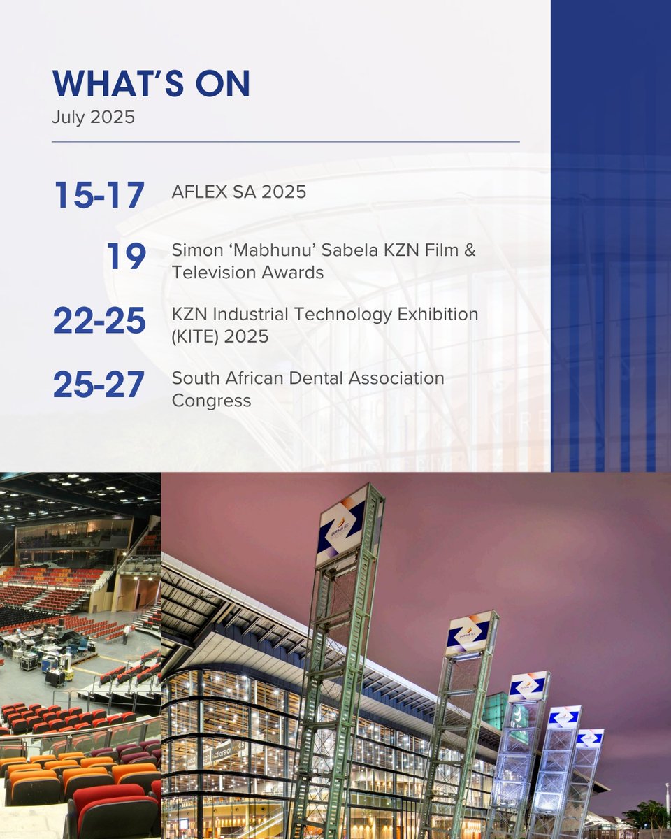 From industry-shaping expos to nights of glitz &amp; recognition. July at the Durban ICC is all about connection, innovation &amp; celebration.

Whether you’re exhibiting, attending or hosting, July is your month to make it happen.
📍 Stay tuned for all the action.