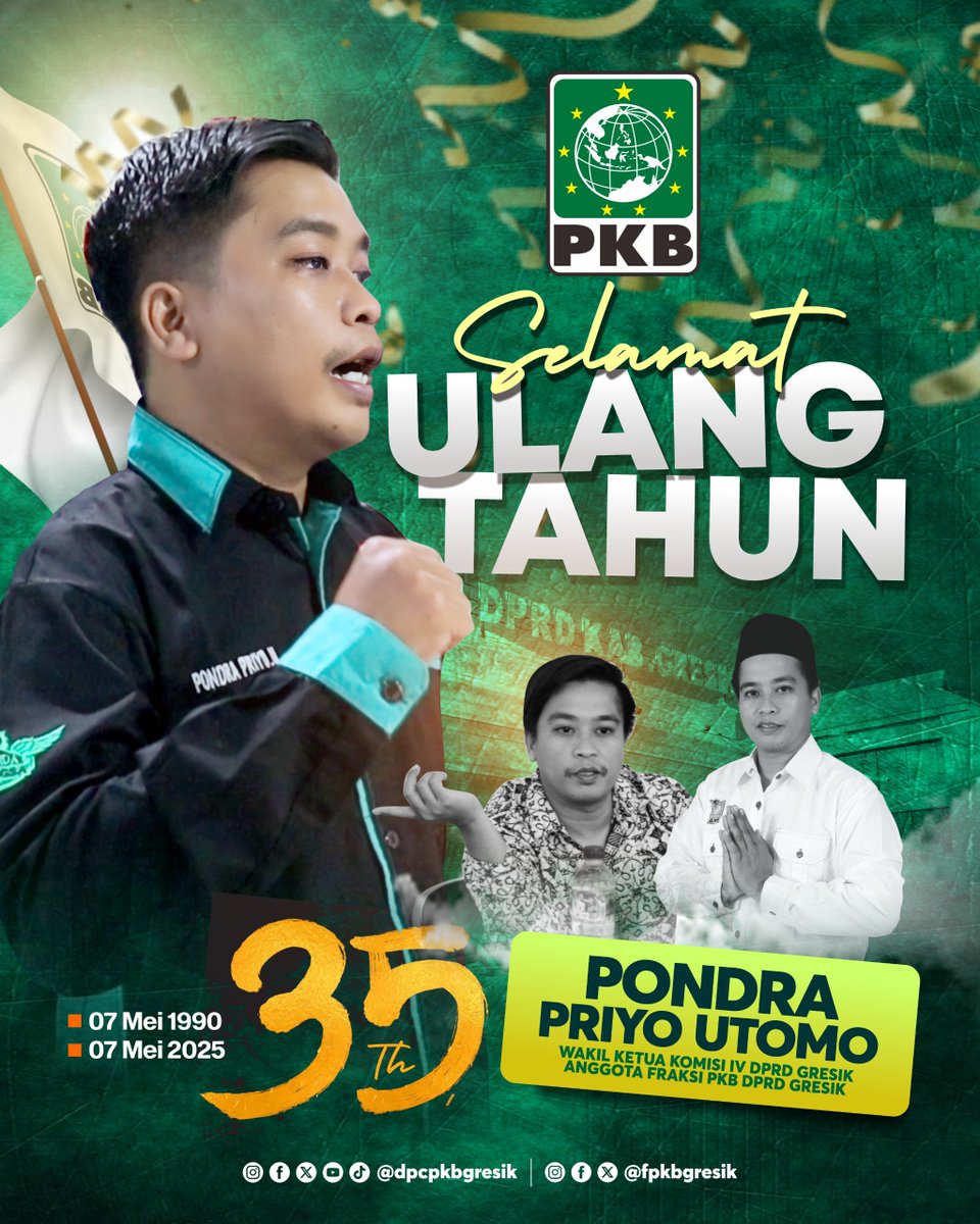 dpcpkbgresik's tweet image. Selamat Ulang Tahun ke 35 Tahun
Mas Pondra Priyo Utomo  (Anggota Fraksi PKB DPRD Gresik - Wakil Ketua Komisi IV DPRD Gresik )

Semoga selalu diberikan kesehatan dan kesuksesan selalu...Aamiin
#FraksiPKB #Gresik #PKBmembelaRakyat #LebahParlemen #LebahGresik #PKBGresik #PKB #1PKB