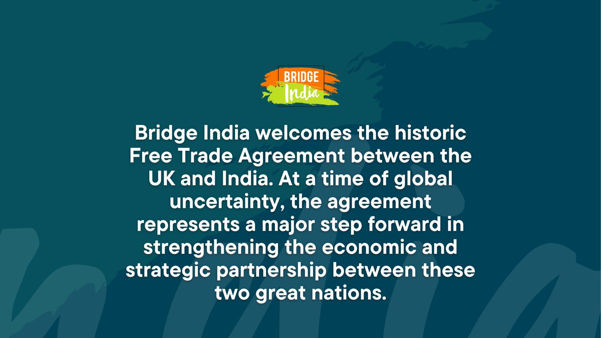 Bridge India (@bridgeindiaorg) on Twitter photo We welcome the historic Free Trade Agreement between the UK & India. At a time of global uncertainty, the agreement represents a major step forward in strengthening the economic and strategic partnership between these two great nations.
Read more: bridgeindia.org.uk/statement-on-h… We welcome the historic Free Trade Agreement between the UK & India. At a time of global uncertainty, the agreement represents a major step forward in strengthening the economic and strategic partnership between these two great nations.
Read more: bridgeindia.org.uk/statement-on-h…