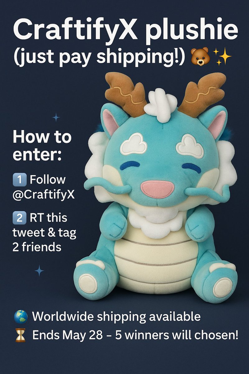 🚨 LIMITED-TIME GIVEAWAY ALERT! 🚨

Win a FREE CraftifyX plushie (just pay shipping!) 🧸✨

How to enter:
1️⃣ Follow @CraftifyX 
2️⃣ Like &amp; RT this tweet &amp; tag 2 friends

#CraftifyXGiveaway #PlushieLovers #CraftifyX