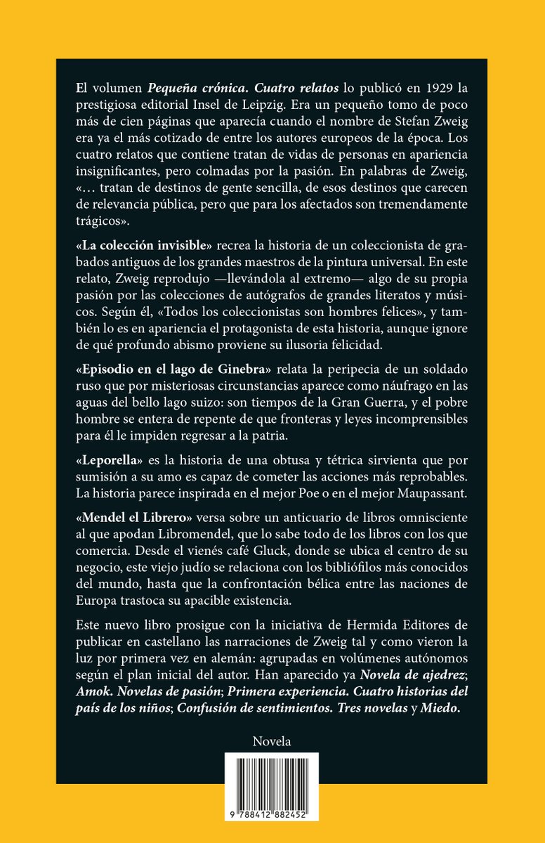 Querido amigo:

En los próximos días presentaremos el libro «Pequeña crónica. Cuatro relatos», de Stefan Zweig, con traducción y epílogo de  Luis Fernando Moreno Claros.

hermidaeditores.com/pequena-cronic…