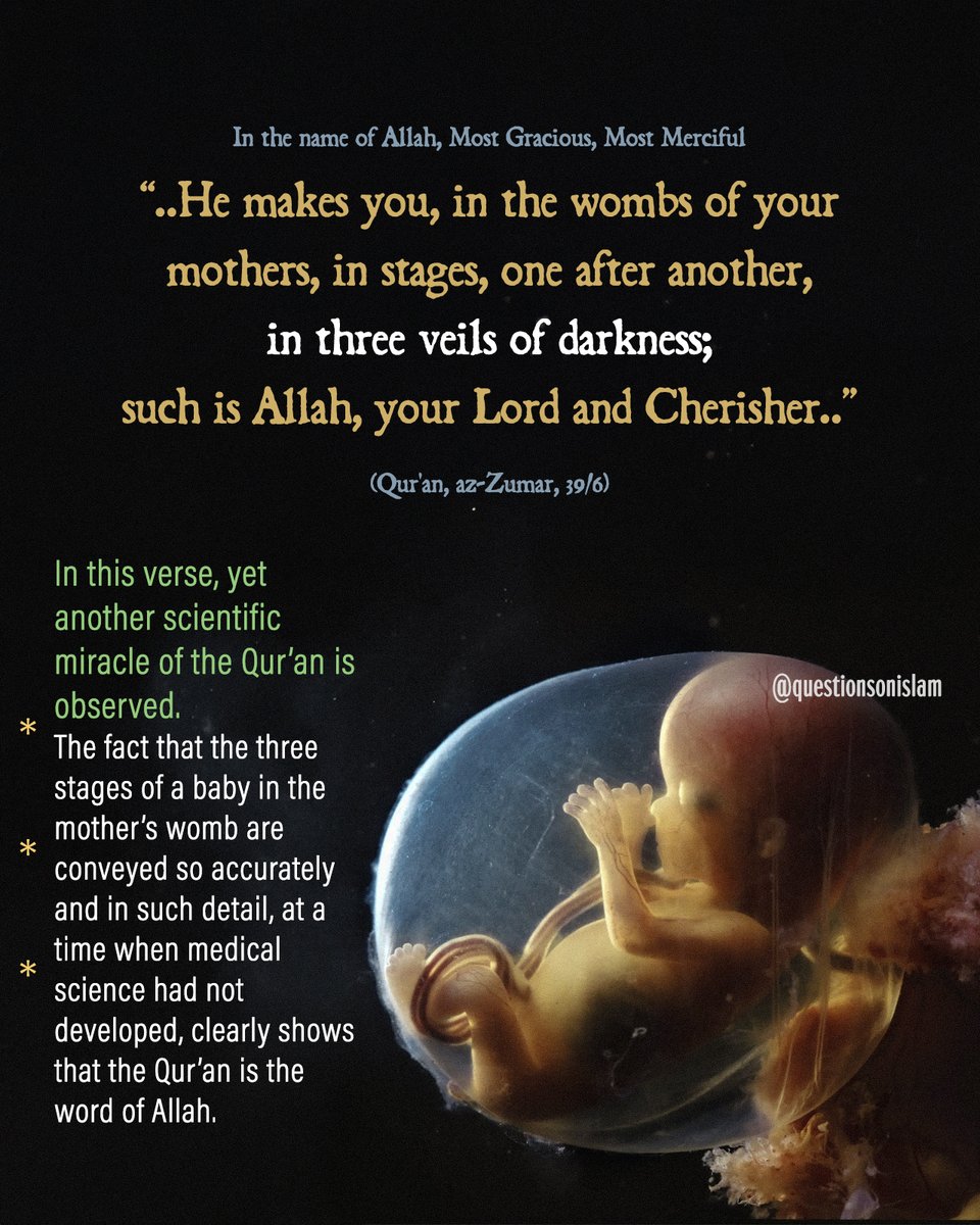 QuestionsIslam's tweet image. We see another scientific miracle of the Quran in this verse. The fact that the three stages of the baby in the womb are reported so accurately and in detail in an era when medicine was not developed clearly shows that the Quran is the word of Allah...

ℹ️questionsonislam.com/question/what-…
