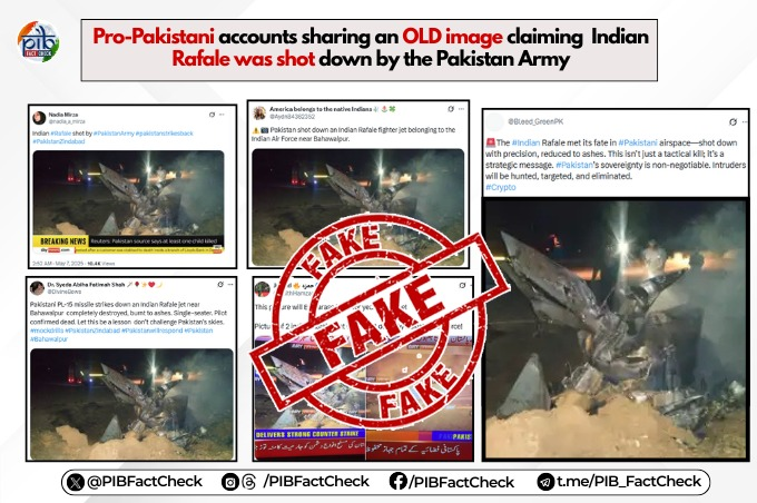 The stamp of fake on the screenshot of several posts that claim that an image showing a crashed aircraft is being circulated in context of the ongoing Operation Sindoor