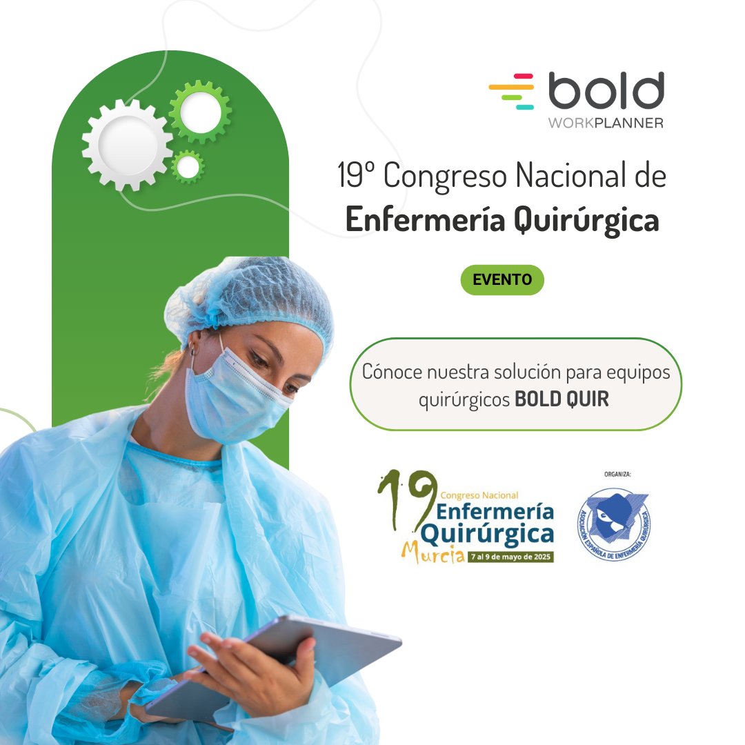 📍Del 7 al 9 de mayo estaremos en Murcia como colaboradores del Congreso de #EnfermeríaQuirúrgica

Presentamos la solución #BOLDQUIR:
✔️ Reparto ágil de sesiones por servicio
✔️ Planificación con todos los tipos de turno
✔️ Acceso para responsables, con alertas e informes🏥✨