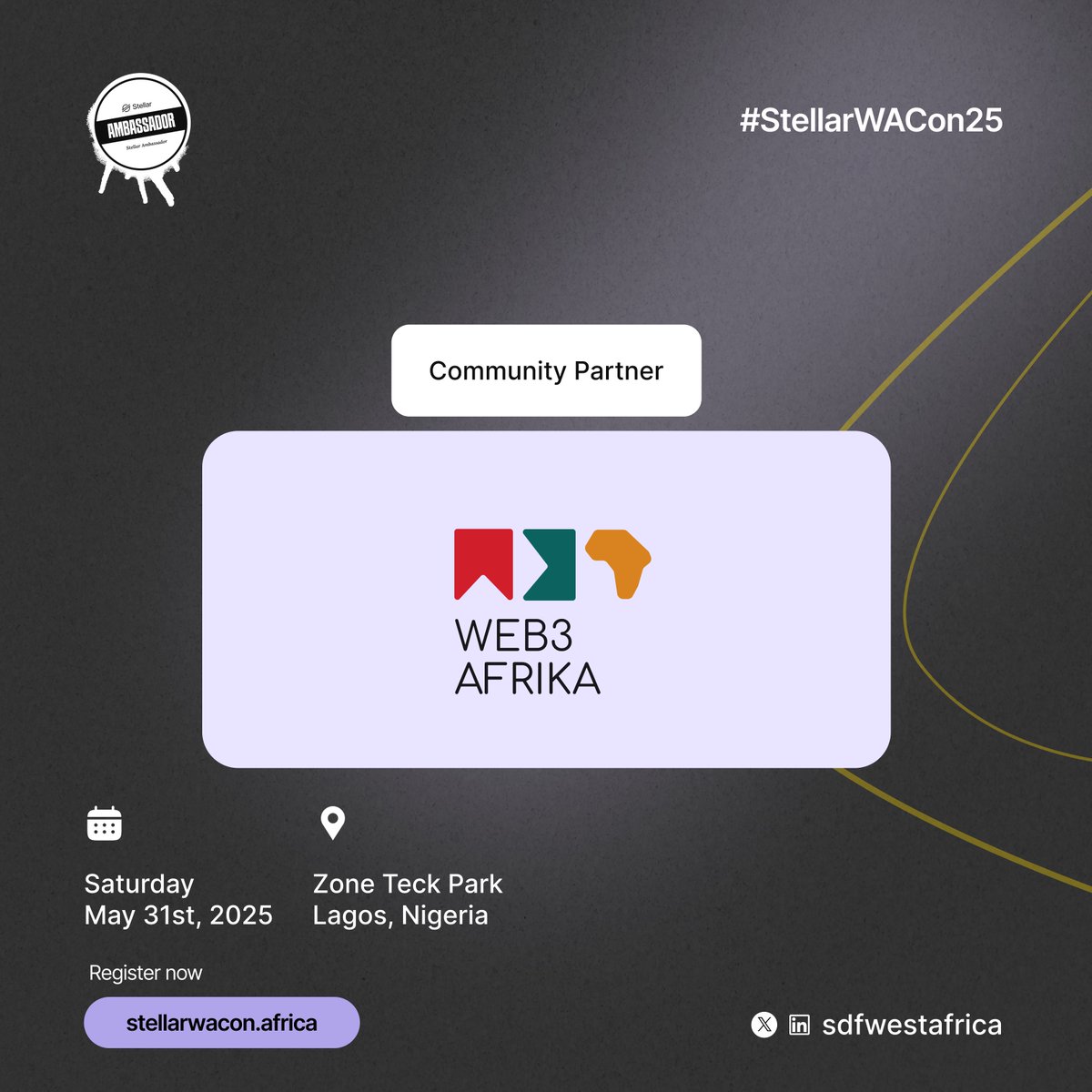 Stellar Africa (@sdfwestafrica) on Twitter photo We're super excited to have <a href="/web3afrika/">Web3 Afrika | web3afrika.eth</a> as a Community Partner for #StellarWACon25! 🎉
Web3 Afrika empowers Africa’s next wave of Web3 builders through community, education, and global opportunities—driving inclusion and leadership in the decentralized space. ✨
Join us as we We're super excited to have <a href="/web3afrika/">Web3 Afrika | web3afrika.eth</a> as a Community Partner for #StellarWACon25! 🎉
Web3 Afrika empowers Africa’s next wave of Web3 builders through community, education, and global opportunities—driving inclusion and leadership in the decentralized space. ✨
Join us as we