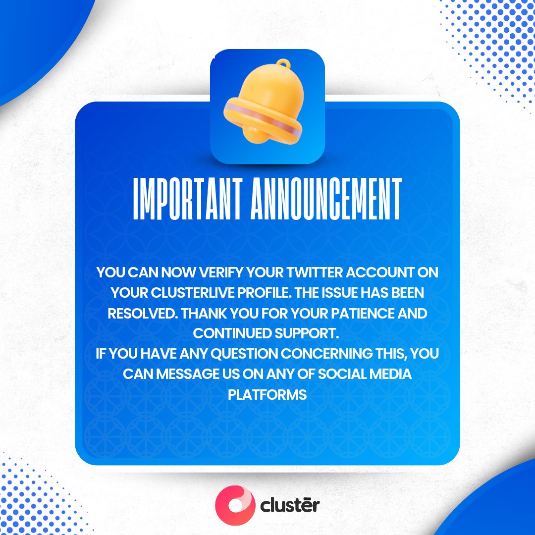 clusterliveapp's tweet photo. Great news!!!
You can now verify your Twitter account on your Clusterlive profile again. The issue has been fully resolved. Thank you for your patience and continued support!
#Clusterlive #TwitterVerification #SocialMediaUpdate #AccountVerification #CustomerSupport https://t.co/83UXPLBLvn