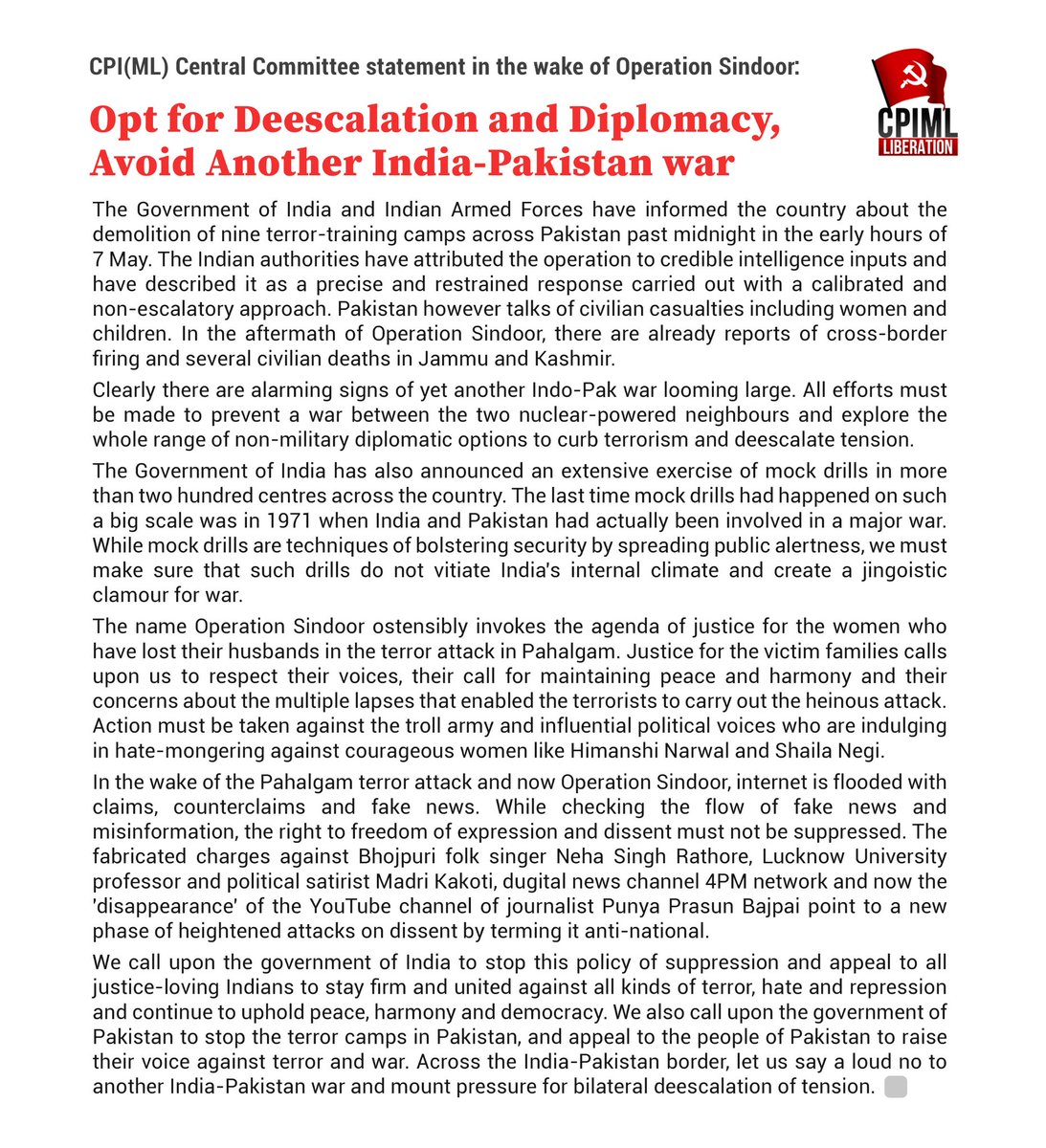 Dipankar (@dipankar_cpiml) on Twitter photo Statement issued by Central Committee of <a href="/cpimlliberation/">CPIML Liberation</a> on #OperationSindoor and after Statement issued by Central Committee of <a href="/cpimlliberation/">CPIML Liberation</a> on #OperationSindoor and after