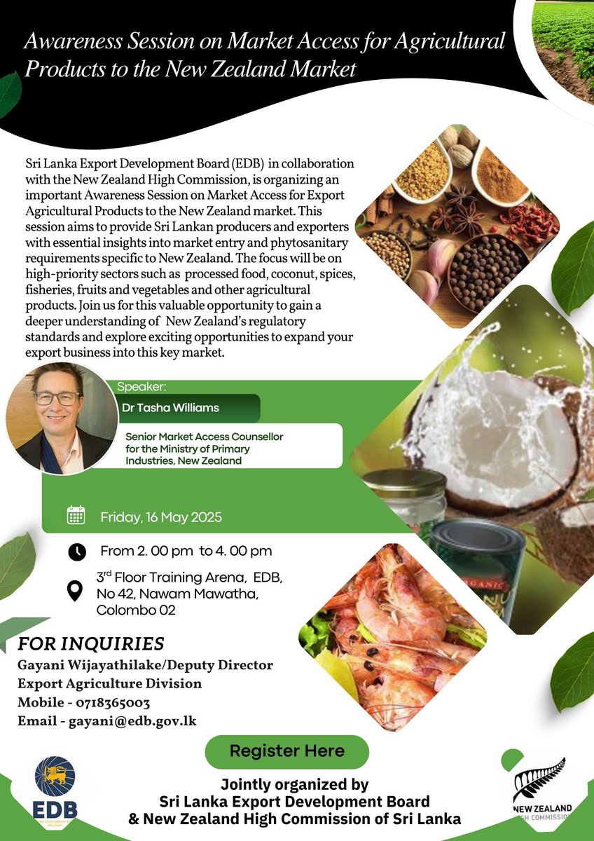 EDB_SriLanka's tweet image. New Zealand Market Access/Phytosanitary Awareness Session for Sri Lankan Exporters
Apply Now 👉 bit.ly/4jG5igB
#NewZealand #MarketAccess #Phytosanitary #AwarenessSession #Exporters