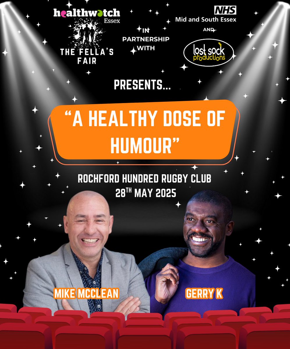 Healthwatch Essex (@hwessex) on Twitter photo 'A Healthy Dose of Humour' is back! On 28th May, we will be hosting this event with Mid and South Essex NHS at Rochford Hundred Rugby Club. We have a brilliant lineup of comedians and guest speakers for the night.
Book here: eventbrite.co.uk/e/a-healthy-do…
<a href="/ProductionsSock/">Lost Sock Productions</a> 'A Healthy Dose of Humour' is back! On 28th May, we will be hosting this event with Mid and South Essex NHS at Rochford Hundred Rugby Club. We have a brilliant lineup of comedians and guest speakers for the night.
Book here: eventbrite.co.uk/e/a-healthy-do…
<a href="/ProductionsSock/">Lost Sock Productions</a>