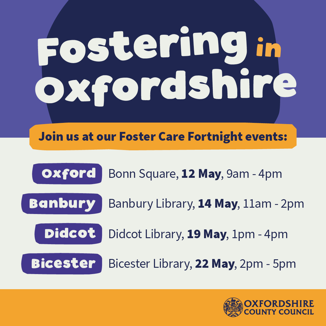 Come and meet us at one of our in-person events during Foster Care Fortnight. Whether you're just starting to explore fostering, have questions, or are ready to take the next step, our events are the perfect opportunity to learn more from our experts. 

oxfordshire.gov.uk/children-and-f…
