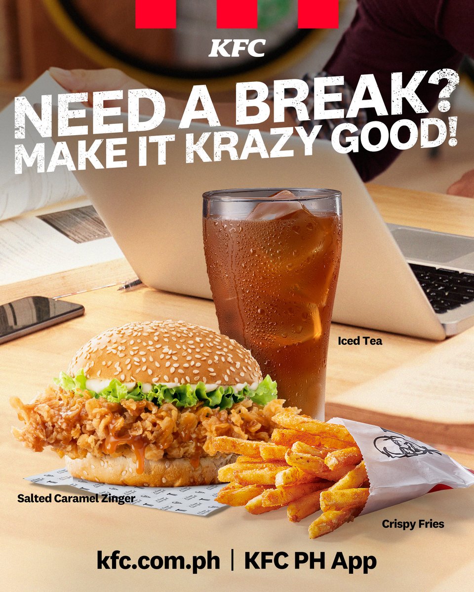 Turn that quick break into a crazy good one! Order your KFC Salted Caramel Zinger combo via KFC App now. ✨🍔
