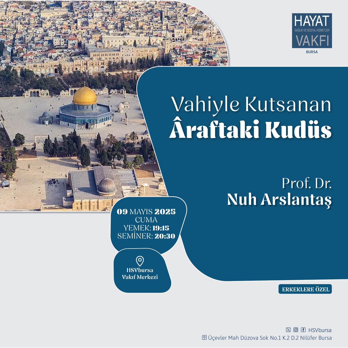 "Kudüs, Peygamberlerin başkenti; Hz.Ömer'in, Selahaddin'in, Yavuz'un mirası; Allah'ın içini ve çevresini bereketli kıldığı şehir. Kimi zaman barış ve kardeşliğin sembolü, kimi zaman siyasi menfaatlerin kurbanı, keşmekeşin odağı olmuş şehir."
Hayat Cuması'nda bu hafta Prof Dr Nuh