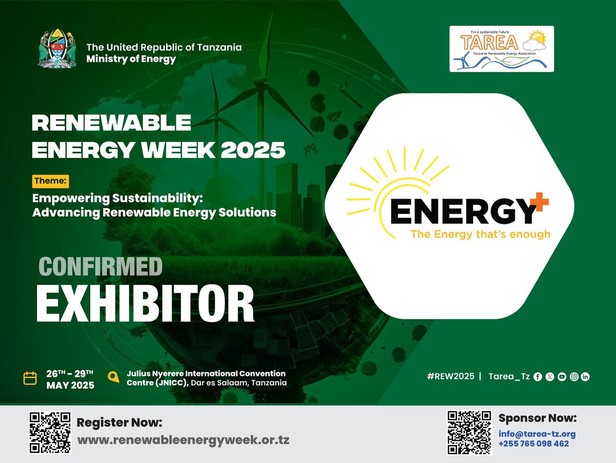TAREA is proud to announce Energy Plus Ltd as official exhibitor during the Renewable Energy Week Event on 28th - 29th May 2025 in Dar es Salaam

It’s an opportunity to discover innovative solutions and network with key stakeholders 
Register
  RenewableEnergyWeek.or.tz