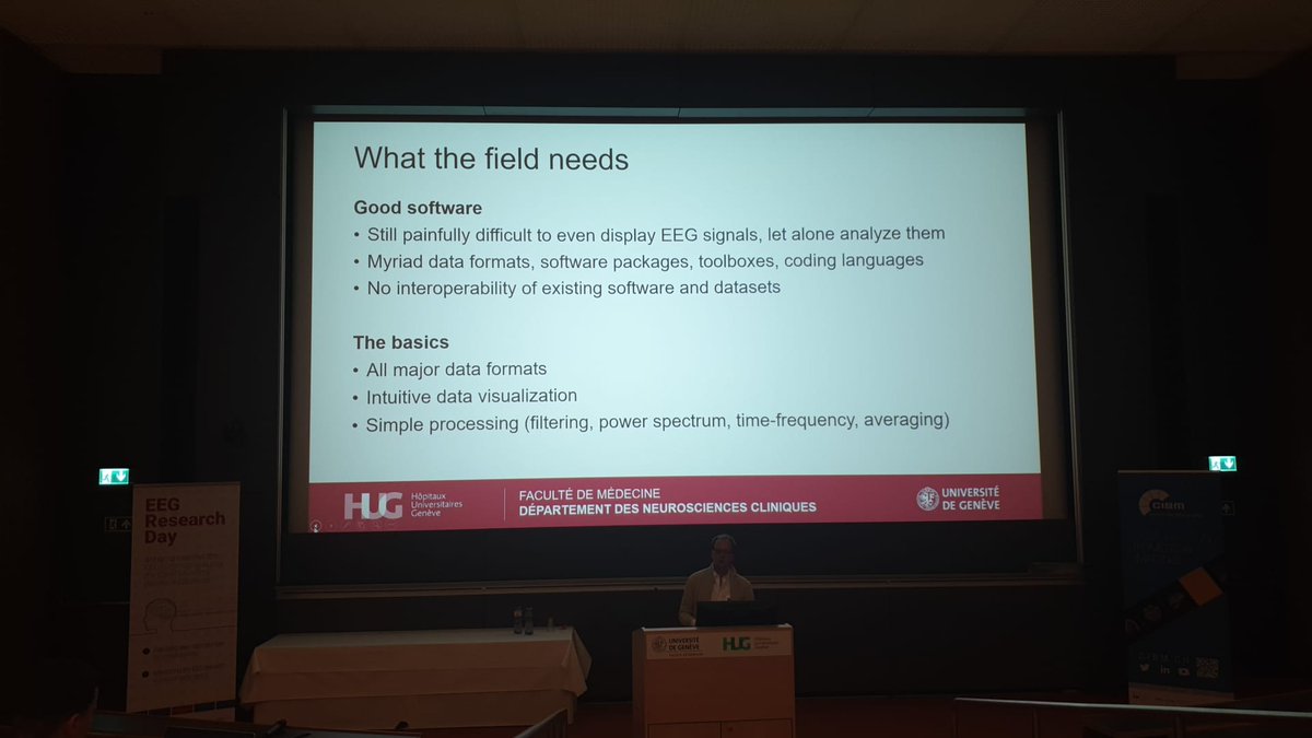 CIBM_ch's tweet image. Live from #CIBM #EEGResearchDay: @pierre_vanmedge @unige_en @hug_ge. PI,@LabNeuron highlights critical needs in #EEG research - better software, data visualization, and interoperability between formats!