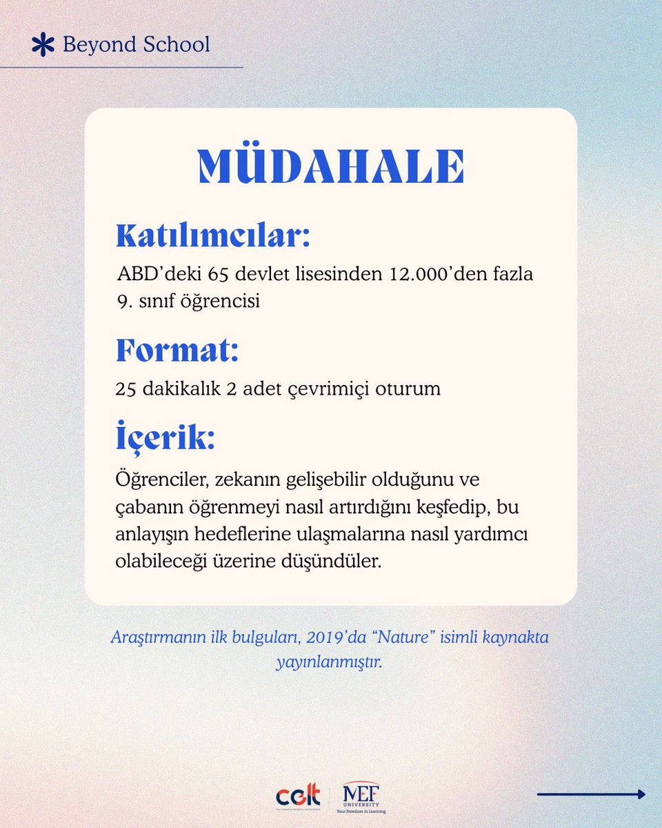 mefcelt's tweet image. 12.000’den fazla öğrencinin katılımıyla gerçekleştirilen bu müdahale çalışmasını inceledik. Kısa süreli bir Growth Mindset eğitiminin öğrencilerin akademik başarıları üzerinde anlamlı ve ölçülebilir etkiler yarattığı ortaya koyulmuştur.
#GrowthMindset #MEFÜniversitesi