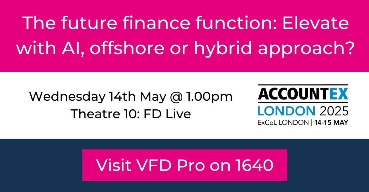 🤖 AI, offshoring, or hybrid: what’s the future of finance?

Join @VFD_Pro at #Accountex for a forward-thinking panel on cost-saving, scalable strategies for modern finance teams.

🗓 May 14 | 1:00PM
📍 FD Live Theatre 10

#accountancy #Accountex #cpd #accounting