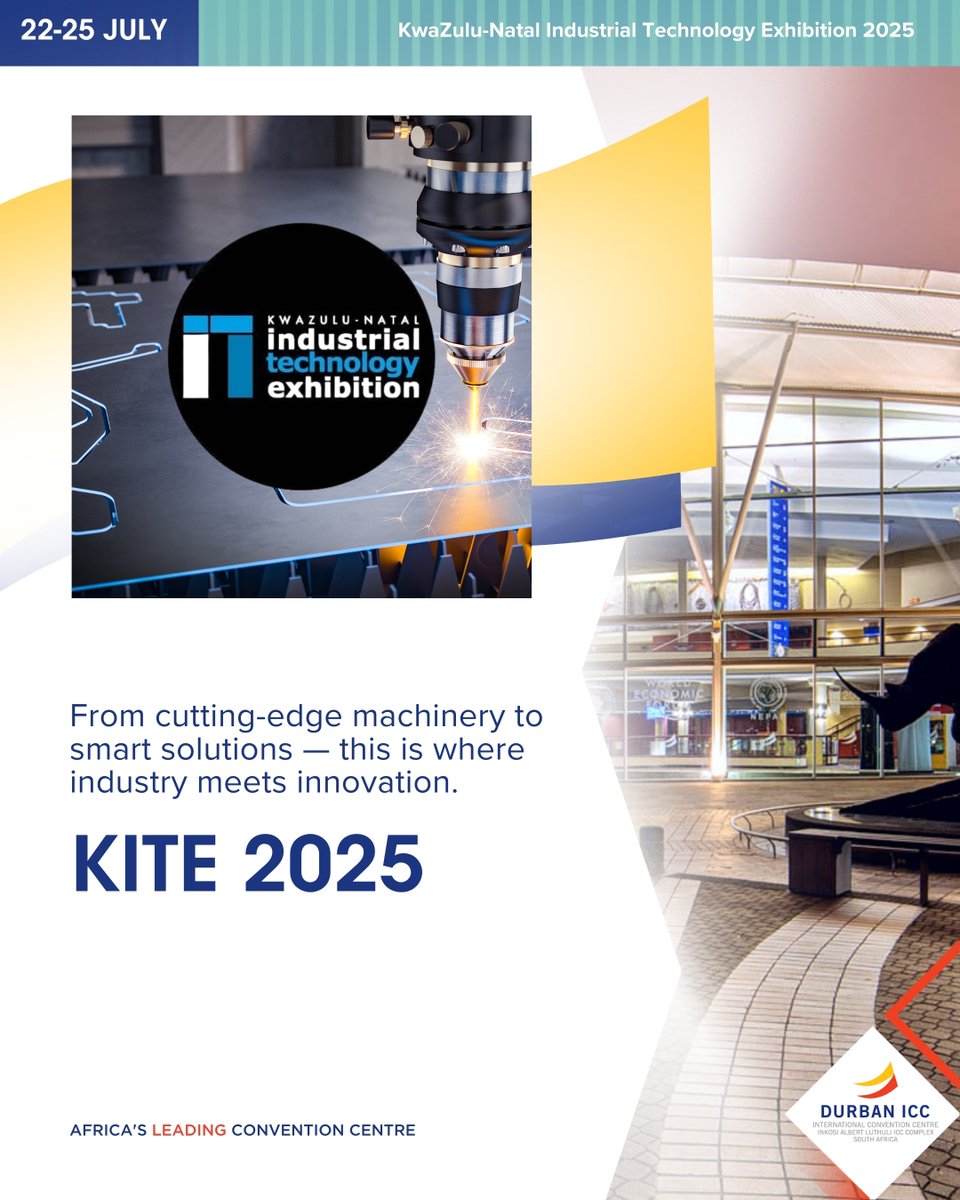Durban ICC is proud to host the KZN Industrial Technology Exhibition 2025 from 22 to 25 July!
As KZN’s leading showcase of industrial tech, innovation &amp; automation, KITE 2025 connects suppliers, manufacturers &amp; decision-makers shaping the future of industry in Southern Africa.