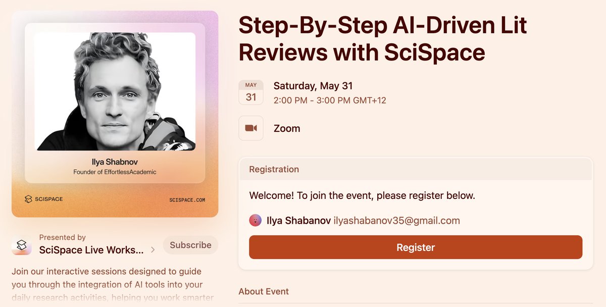 Free webinar on Literature Reviews with AI:

lu.ma/be2zckel

​How to frame strong research questions using SciSpace “Topics”

​Explore niche scientific subjects in-depth with “Deep Review”

​Store and organize insights in an AI-enhanced notebook

​Build and grow your
