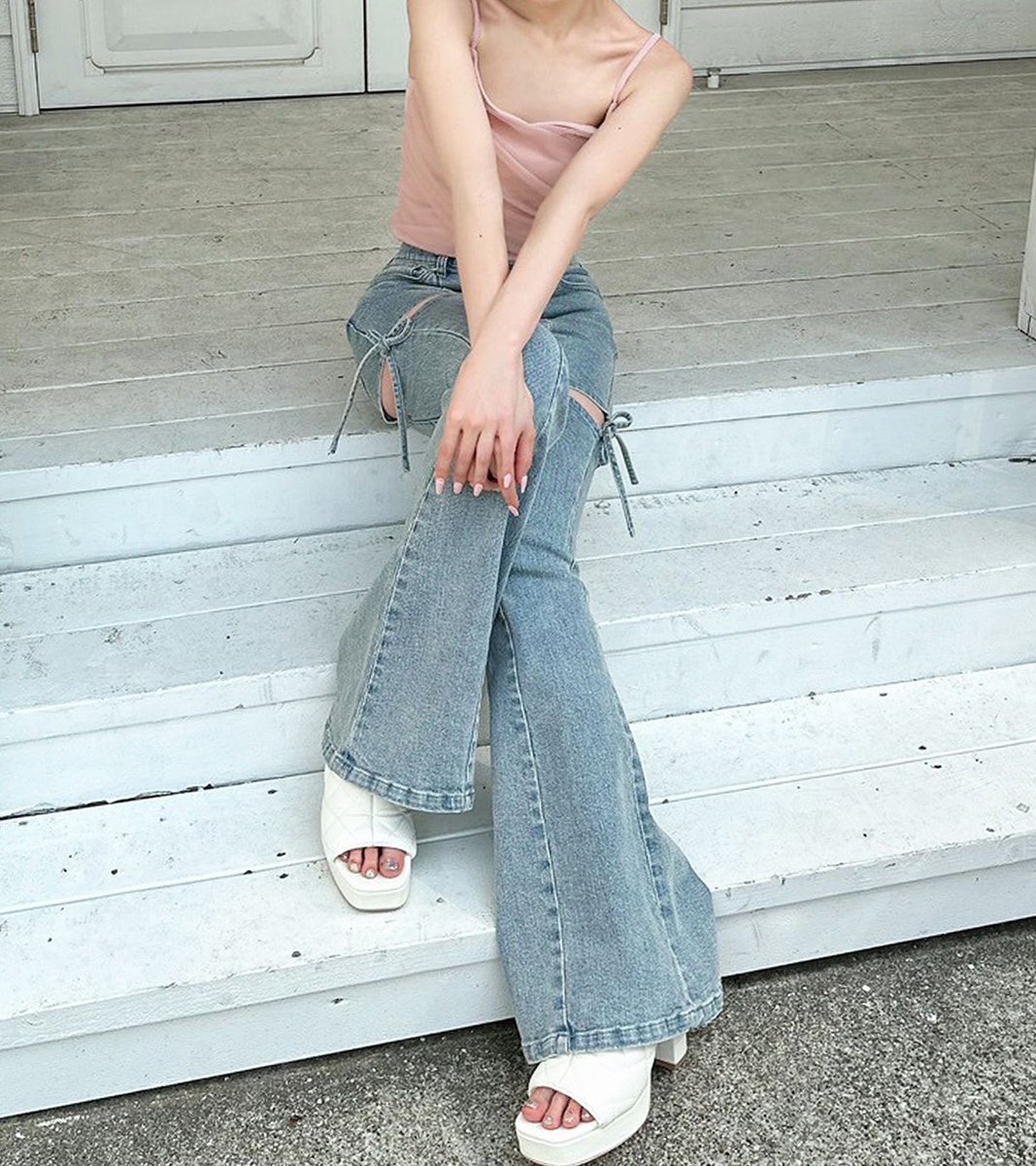 RESEXXY デニム xs RESEXXY カットアウトリボンデニム ホワイト xs デニム パンツ リボン