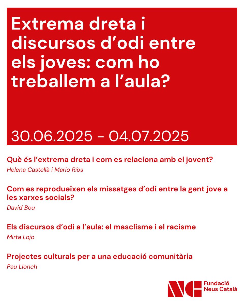 Neus Català (@neuscatala_fun) on Twitter photo 📝 Obertes les inscripcions pel curs per a docents sobre extrema dreta, discursos d'odi i treball a l'aula!
📅 Tindrà lloc entre el 30/06 i el 04/07.
🗣️ <a href="/helenacastella/">Helena Castellà</a>, Mario Ríos, <a href="/dvdbou/">David Bou</a>, Mirta Lojo i <a href="/paullonch/">Pau Llonch Méndez</a>.
👉 Inscripcions a: cdl.cat/curso/253602 📝 Obertes les inscripcions pel curs per a docents sobre extrema dreta, discursos d'odi i treball a l'aula!
📅 Tindrà lloc entre el 30/06 i el 04/07.
🗣️ <a href="/helenacastella/">Helena Castellà</a>, Mario Ríos, <a href="/dvdbou/">David Bou</a>, Mirta Lojo i <a href="/paullonch/">Pau Llonch Méndez</a>.
👉 Inscripcions a: cdl.cat/curso/253602