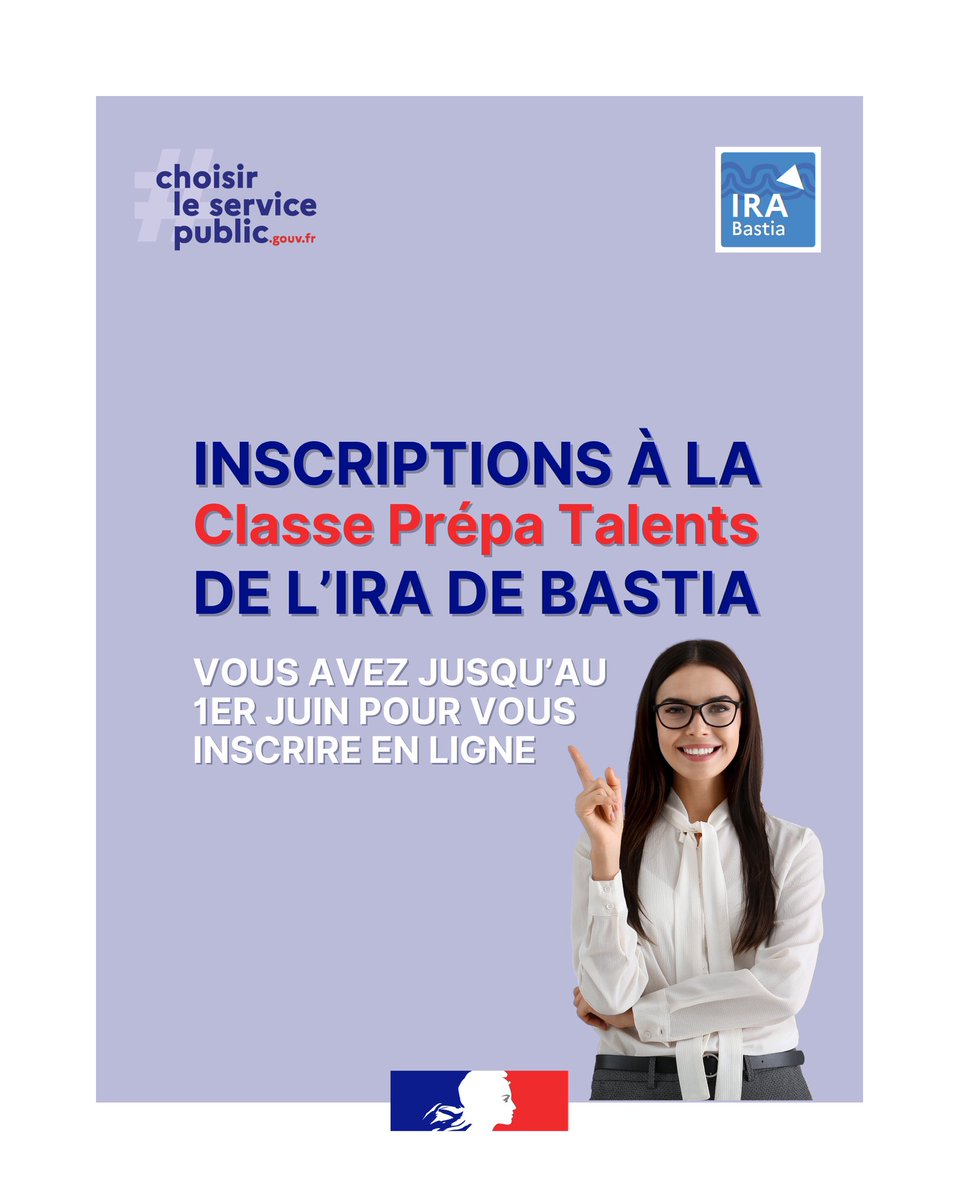 📣 RAPPEL | Classe #PrépaTalents 2025-2026, de l’IRA de Bastia

Vous avez jusqu’au 1er juin pour vous inscrire en ligne #CPT #choisirleservicepublic ⤵️ 

ira-bastia.gouv.fr/la-cpi/