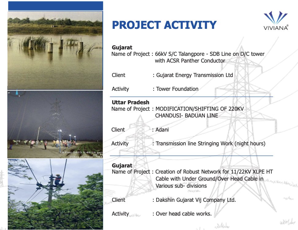 LnprCapital's tweet photo. Viviana Power Tech Ltd (VPTL): Leading the charge in power transmission, distribution, and industrial EPC projects with a focus on quality, innovation, and renewable energy solutions. ⚡🔌 #PowerEPC #RenewableEnergy #Transmission #VPTL"
→ Viviana Power Tech Ltd (VPTL) was incorporated in 2014 and has established itself as a key player in the power transmission, distribution, and industrial EPC (Engineering, Procurement, and Construction) project space.
→ The company specializes in turnkey projects, offering supply, civil works, erection, testing, and commissioning of electrical systems, with a strong emphasis on delivering quality solutions across a range of power-related projects.
→ VPTL works with state government power utilities, private power entities, and renewable energy developers, securing project work through open bidding processes and preferential selections.
→ The company’s core capabilities span the power EPC segment, which involves executing power transmission and distribution projects up to 400 kV systems, including high-voltage transmission lines, switchyards, and cable networks.
→ VPTL has a robust presence in the transformer manufacturing sector, producing oil-type and dry-type distribution transformers up to 1250 kVA, with future plans to scale up its capacity to 20,000 units annually by FY27.
→ The company is also heavily involved in developing integrated and compact substations that enhance the efficiency and reliability of power distribution networks, thus reinforcing its position in the power infrastructure sector.
→ Its business operations are divided into two main categories: supply and service, with the company leveraging its own machinery while hiring additional equipment when necessary to meet specific project requirements.
→ VPTL has successfully completed over 58 projects since its inception, employing a team of more than 350 professionals across its operations.
→ Key projects completed by the company include a 400 kV transmission line for Adani Green Energy Ltd. at Khawda in Kutch, Gujarat, and 66 kV and 220 kV transmission line projects for Adani and Suzlon Global Services in various locations.
→ The company has executed projects across diverse states in India, including Gujarat, Uttar Pradesh, and Maharashtra, providing power transmission and distribution services to some of the leading names in the industry.
→ VPTL’s client list includes government power utilities, private power entities, and prominent renewable energy developers such as GETCO (Gujarat Energy Transmission Corporation), Power Development Department (Jammu & Kashmir), BHEL, Cleanmax Enviro, Adani Group, and Suzlon.
→ The company is ISO 9001:2015 certified for its quality management systems, ISO 14001:2015 certified for environmental management, and OHSAS 45001:2018 certified for occupational health and safety, reflecting its commitment to maintaining high standards across operations.
→ VPTL’s current projects under implementation are valued at ₹236 crores, with additional projects in the bidding phase valued at ₹450 crores for FY25, positioning the company for continued growth and expansion.
→ The company has set ambitious order-book targets, aiming for ₹250 crores in FY24, ₹350 crores in FY25, and ₹525 crores in FY26, highlighting its strong pipeline of projects.
→ A major focus for VPTL is capacity expansion, particularly in its transformer manufacturing segment, where the company is set to increase its production volumes to 20,000 units annually by FY27.
→ The transformer manufacturing facility, which was inaugurated in October 2024, has an initial capacity to produce transformers up to 1,250 kVA, with revenue potential estimated at ₹10-15 crores over the next two years and over ₹50 crores in the future.
→ VPTL's business is well-aligned with India’s growing power infrastructure demands, with significant growth potential driven by government initiatives for robust infrastructure development, particularly in the renewable energy and power transmission sectors.
→ India aims to nearly double its renewable power capacity within the next five years, creating a substantial opportunity for VPTL to expand its involvement in renewable energy projects and grid development.
→ The Indian government is also targeting the addition of 114,667 circuit kilometers of transmission lines and 7.76 MVA of transformer capacity by 2027, providing a considerable scope for power sector companies like VPTL.
→ With national power demand set to double within the next decade, the power transmission and distribution sector is expected to experience significant growth, and VPTL is well-positioned to capture a large share of this expanding market.
→ As part of its strategic focus, VPTL is targeting growth in the advanced energy solutions market, including clean hydrogen, energy storage, and carbon capture, as India prepares to make substantial investments in these areas.
→ The government’s ambitious targets for advanced energy solutions, with plans to invest over ₹2,900 billion annually by 2030, offer significant business opportunities for VPTL to diversify and expand its offerings in the energy sector.
→ The company is also working to address the challenges posed by right-of-way issues in its projects, ensuring smoother execution by focusing on projects where such hurdles can be effectively managed.
→ While VPTL has decided not to enter the smart metering and battery energy storage systems markets for now, it remains focused on expanding its EPC and transformer manufacturing business to meet growing demand in these areas.
→ Looking ahead, VPTL plans to explore opportunities for scaling up its transformer manufacturing capabilities further, including potential collaborations for the development of additional manufacturing facilities.
→ The company is currently concentrated on projects in Gujarat but is actively bidding for projects in other states, signaling its strategy for geographic diversification and further market penetration across India.
→ VPTL’s future growth is bolstered by India’s increasing focus on infrastructure development, renewable energy integration, and modernization of power systems, all of which are in line with its strategic business objectives.
→ The power sector is expected to remain a high-growth area, with favorable government policies and increasing demand for electricity and renewable energy solutions, creating an attractive environment for companies like VPTL.
→ As India moves toward a more sustainable and electrified future, VPTL's capabilities in power transmission, distribution, and transformer manufacturing will continue to be crucial in helping meet the country’s energy demands.
→ The ongoing push for clean energy and sustainable infrastructure also aligns with VPTL's strengths in the renewable energy and power infrastructure segments, positioning the company as a key player in these emerging markets.
→ VPTL’s emphasis on safety, environmental responsibility, and quality management through its ISO certifications enhances its competitive edge in the EPC sector, ensuring that its projects meet both national and international standards.
→ The company’s leadership, operational efficiency, and growing market presence position it for continued success as it takes advantage of the vast opportunities arising from India’s energy transformation.
→ With its strategic focus on power transmission, distribution, transformer manufacturing, and geographic diversification, VPTL is poised for long-term growth and market leadership in India’s evolving power sector.
→ The company’s efforts to expand its production capacity and diversify into new regions and segments reflect a clear roadmap for scaling its operations and solidifying its position in the competitive power infrastructure market.
→ As VPTL continues to complete high-value projects and expand its customer base, it is set to play a significant role in shaping the future of India’s energy landscape, both in terms of conventional power and renewable energy.
→ The substantial growth in India’s power transmission and distribution infrastructure, coupled with government support for energy diversification, provides a favorable environment for VPTL to expand its footprint in the power sector.
→ The company’s focus on completing projects efficiently, reducing project risks, and targeting high-value orders positions VPTL as a key player in India's power sector expansion plans, ensuring strong financial performance and continued growth in the coming years.