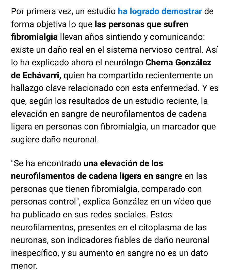 Estaríamos por fin, ante un biomarcador en #fibromialgia ‼️
El neurólogo de la <a href="/fpmaragall/">Fundación Pasqual Maragall</a>, González de Echávarri #neuroprevencion en #RRSS, ha divulgado: "Por primera vez se ha detectado daño neuronal en las personas con fibromialgia".
En la #investigación, publicada en