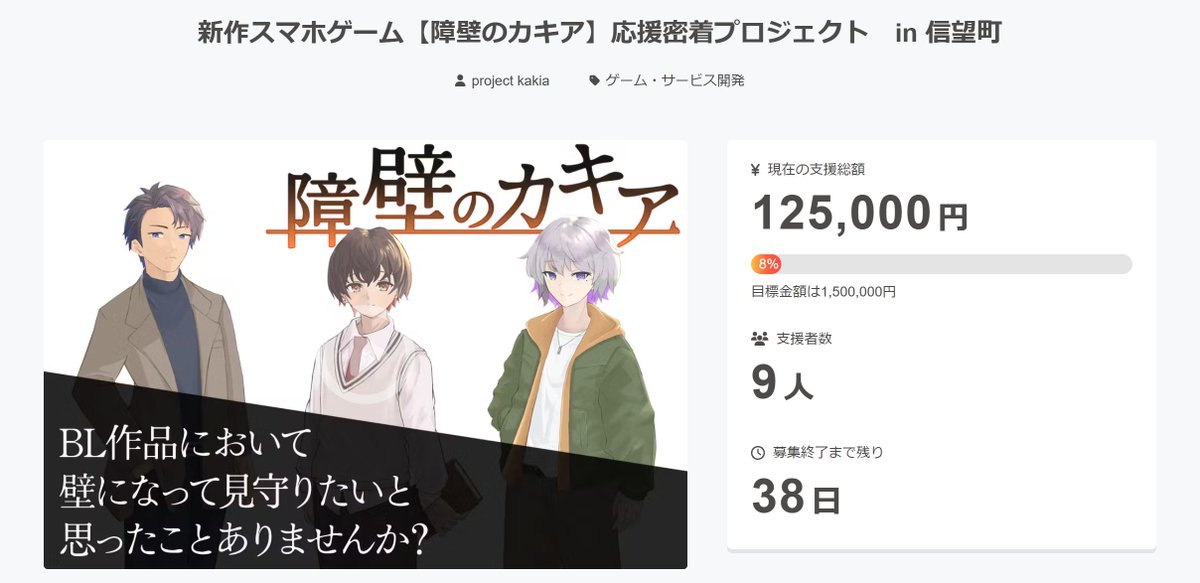 こんにちは！ 「project kakia」運営です。

クラファンに関しまして現在125,000円の
ご支援を頂いております🎉

本当にありがとうございます。
BL作品において壁になりたいと言う方
引き続きご支援頂けましたら幸いです。

どうぞ応援の程よろしくお願いいたします。

camp-fire.jp/projects/83697…