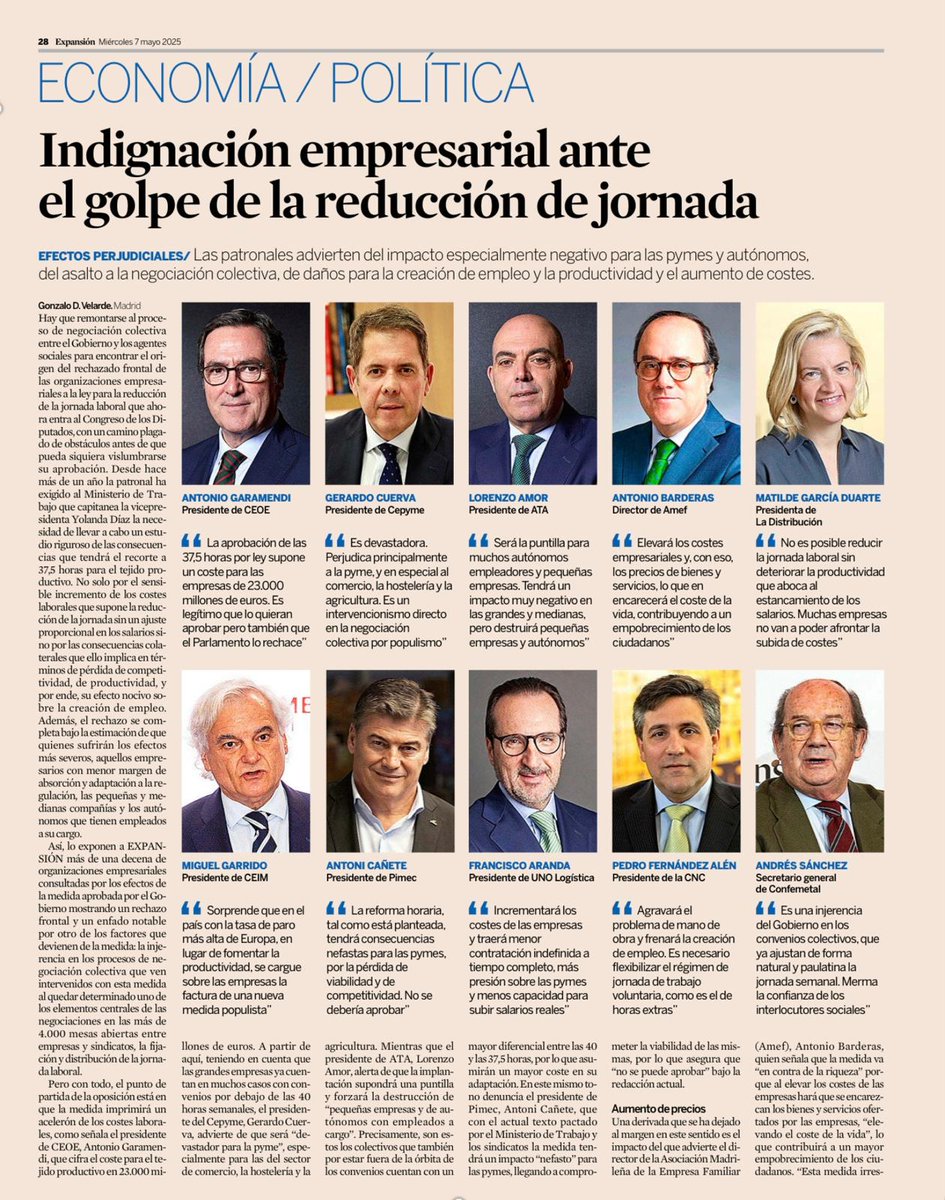 🗞🗞 #REACCIONES | Comparto este artículo de <a href="/expansioncom/">expansioncom</a>, en el que se recogen las opiniones de distintos dirigentes empresariales sobre la reducción de la jornada laboral.

 🎙🗣 Incrementará los costes de las #empresas y traerá menor contratación indefinida a tiempo completo,