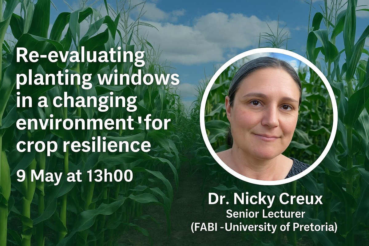 📢 Webinar this Friday at 13h00!
"Re-evaluating Planting Windows in a Changing Environment for Crop Resilience"
w/ Dr. Nicky Creux (FABI - UP)
🌿 Don’t miss it!
🔗 Register: events.teams.microsoft.com/event/9c609cf0…
#CropResilience #ClimateChange #AgWebinar