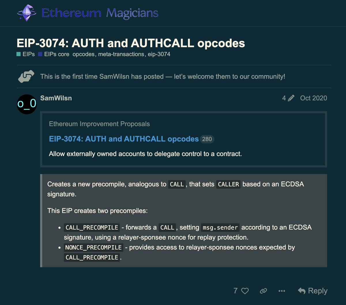 ansgar.eth ๐ฆ๐ .oO (@adietrichs) on Twitter photo gm to all EIP-3074/7702 enjoyoors!
It's been a long journey from Oct 2020 to now - hopefully the wait was worth it!
Cheers to
<a href="/_SamWilsn_/">Sam Wilson ยท samwilsn.eth</a> for original idea
<a href="/lightclients/">ู</a> for passionate stewardship
<a href="/MicahZoltu/">Micah Zoltu</a> for brainstorming
<a href="/VitalikButerin/">vitalik.eth</a> for leading conversion into 7702 gm to all EIP-3074/7702 enjoyoors!
It's been a long journey from Oct 2020 to now - hopefully the wait was worth it!
Cheers to
<a href="/_SamWilsn_/">Sam Wilson ยท samwilsn.eth</a> for original idea
<a href="/lightclients/">ู</a> for passionate stewardship
<a href="/MicahZoltu/">Micah Zoltu</a> for brainstorming
<a href="/VitalikButerin/">vitalik.eth</a> for leading conversion into 7702