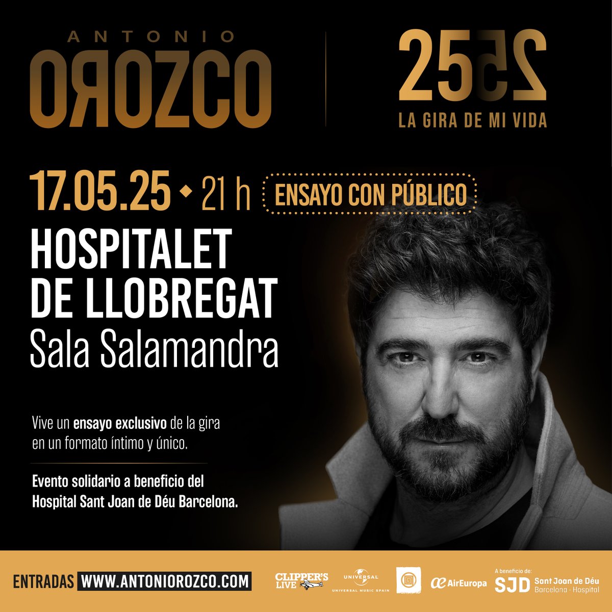 Antonio Orozco ofrecerá un concierto muy especial el próximo 17 de mayo en la Sala Salamandra, donde presentará al público en exclusiva el ensayo general de su nueva gira “La gira de mi vida”.

🎫 Las entradas ya están disponibles en clippersmusic.org