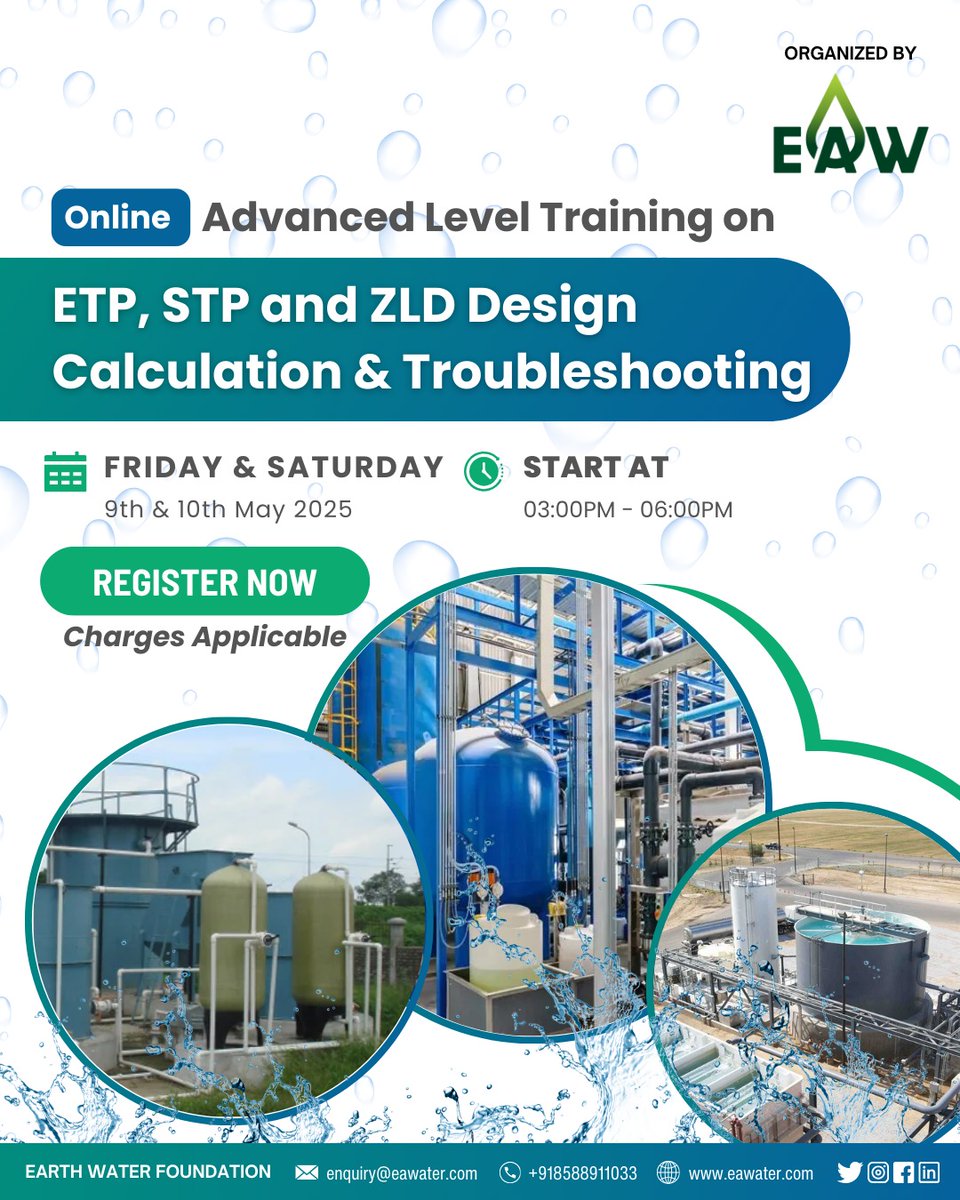 Everything About Water (@ea_water) on Twitter photo Join our Advanced Online Training on ETP, STP & ZLD Design!
๐
Date: 9th & 10th May 2025
๐ Time: 3:00 PM - 6:00 PM (IST)
๐ป Mode: Online | ๐ Certified Course
๐ Register Now: tinyurl.com/4mhanpex
๐ง Enquiry: enquiry@eawater.com
๐ Call: +91 85889 11033 Join our Advanced Online Training on ETP, STP & ZLD Design!
๐
Date: 9th & 10th May 2025
๐ Time: 3:00 PM - 6:00 PM (IST)
๐ป Mode: Online | ๐ Certified Course
๐ Register Now: tinyurl.com/4mhanpex
๐ง Enquiry: enquiry@eawater.com
๐ Call: +91 85889 11033