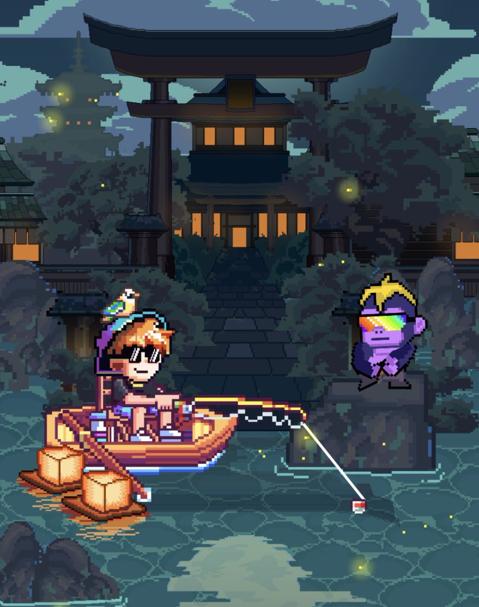 CyberKongz pet in front of a Tori Gate. . 

Just feels soo damn good ⛩️ 🦍 🎣 

Goal achieved for this event

Earned about 130k scales ‼️👀