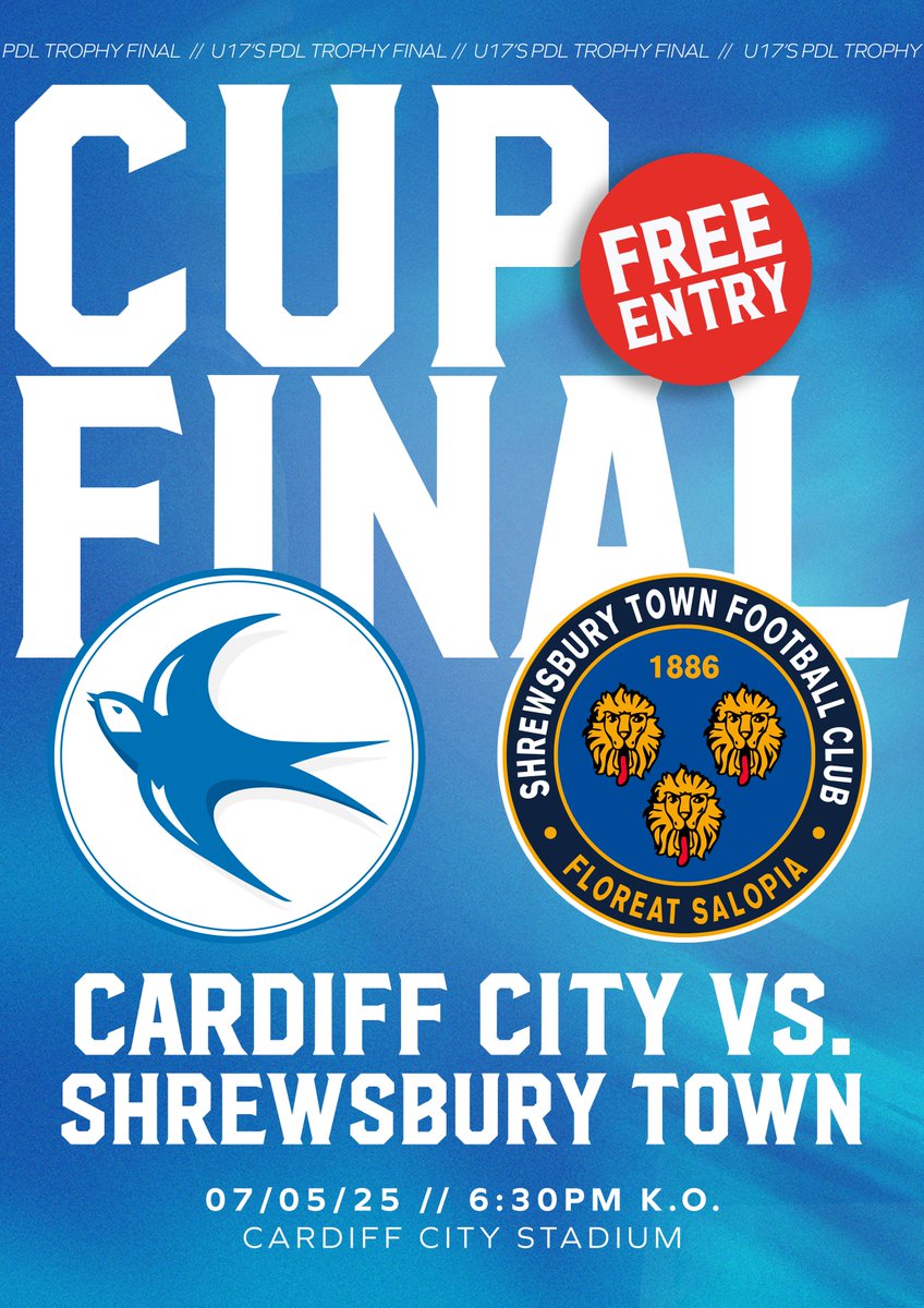 Our U17s compete in the PDL Trophy Final this evening, with free entry at CCS! 🏟️

🆚 Shrewsbury Town
📍 Cardiff City Stadium
⏰ 6:30pm KO

#CityAsOne