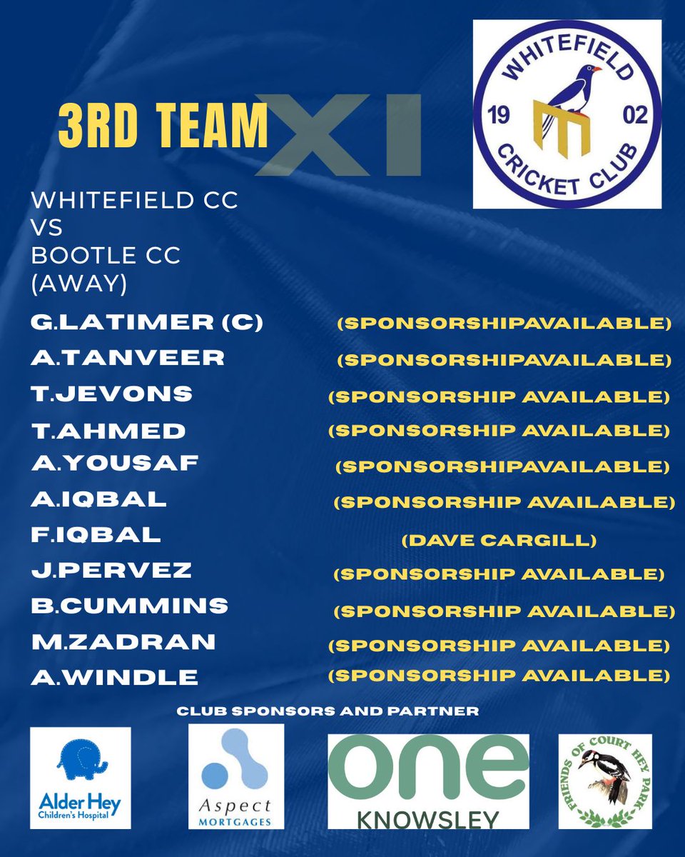 1st XI host Liverpool Super kings CC in the Prelims of the Echo Cup on Friday (6pm)

3rd XI travel to Bootle in the first round of the Mike Dunn Cup (6pm).

Our U13s and U11s have also got fixtures, and the teams will be posted ASAP!

#forzawhitefield #theloveclub 

💙💛💙💛💙💛